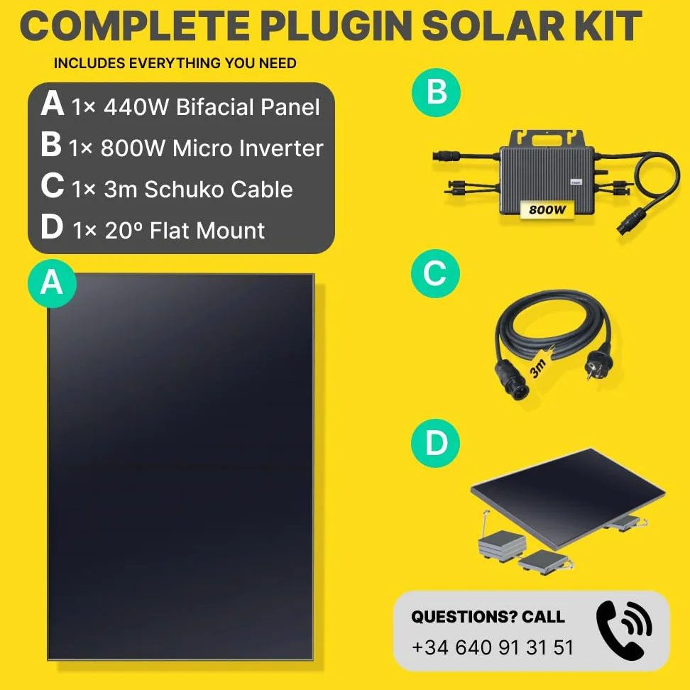 ROBINSUN® Kit Solar Enchufable Performance Flat 440Wp, 1 panel QN 440Wp + 1 Microinversor 800W con Wifi incluído + Cable 3m + 1 Fijación 20º