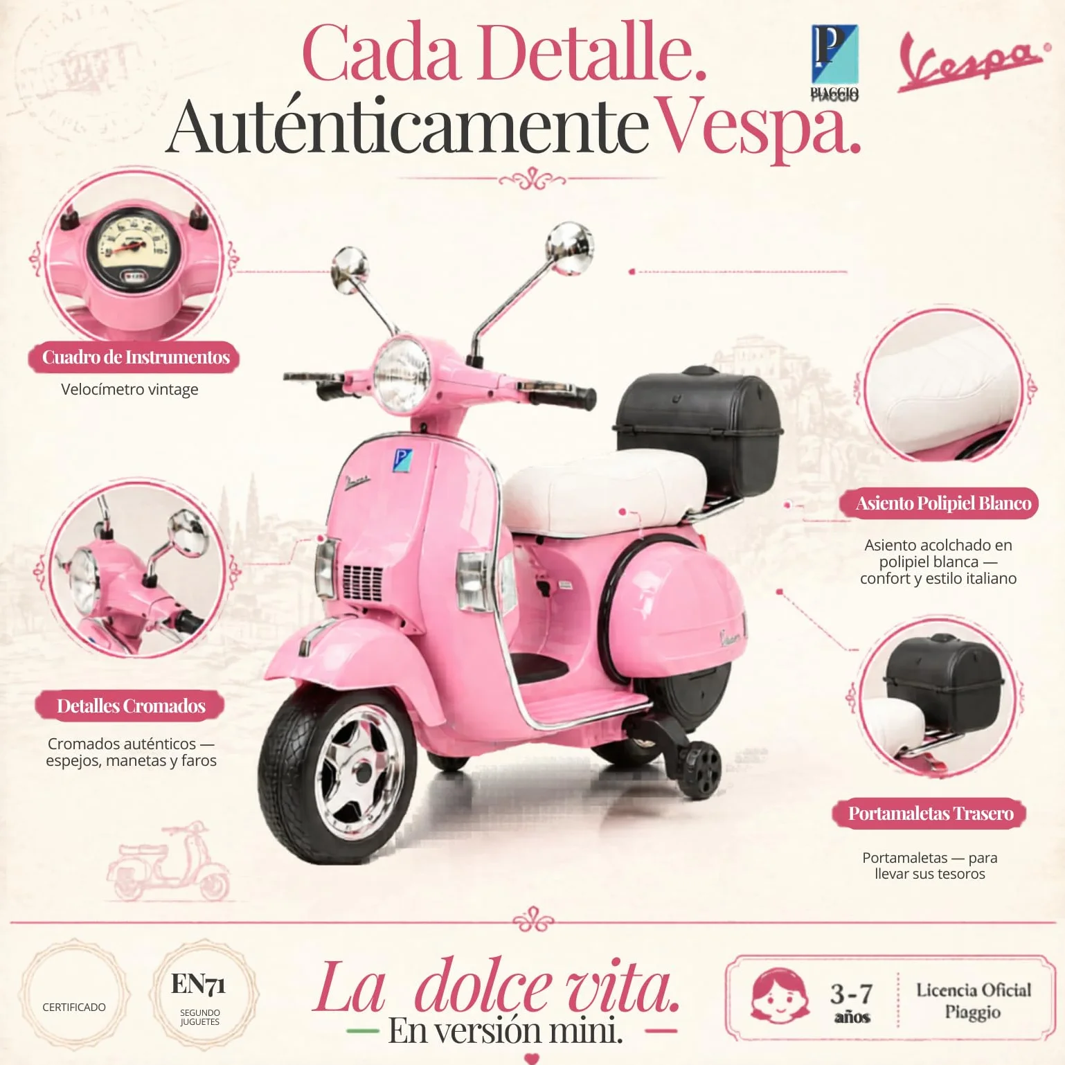 Vespa Clásica Moto Eléctrica 12V para Niños Licencia Oficial Piaggio con Batería Recargable, Ruedines, Luces y Sonidos - Scooter Infantil 3-6 Años (Rose)