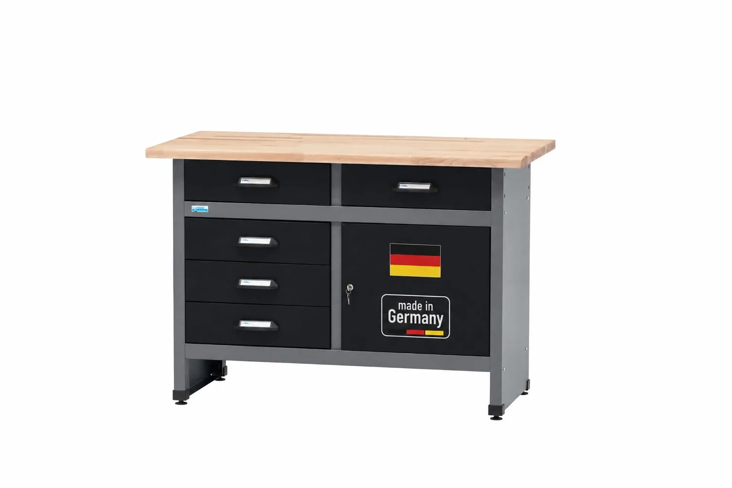 Küpper Banco de trabajo 12049, 5 cajones, 1 puerta, carga de 300 kg, encimera de haya maciza de 30 mm (negro, 120 x 84 x 60 cm)