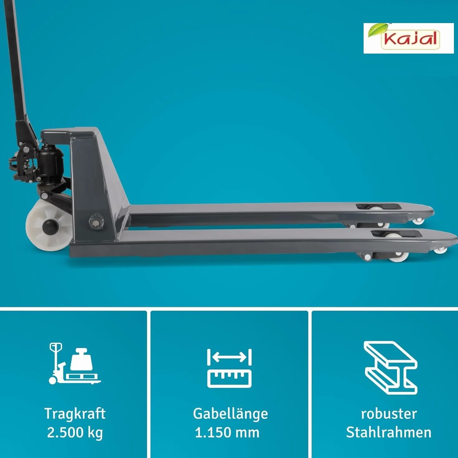 Kajal Sistema hidráulico 3000 kg – transpaleta de alto rendimiento, elevación manual con pedal de palanca, bomba reforzada, horquilla 1150 – 1220 mm
