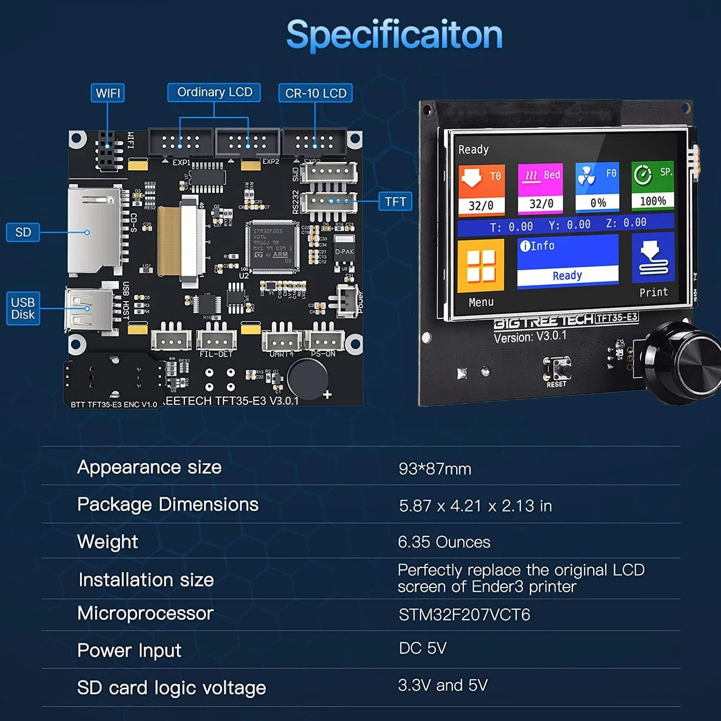 BIGTREETECH SKR Mini E3 V3.0 placa de control + TFT35 E3 V3.0.1, placa silenciosa de 32 bits integrada con controlador paso a paso TMC2209 UART compatible con impresora 3D Ender 3/5 Ender 3 Pro/V2