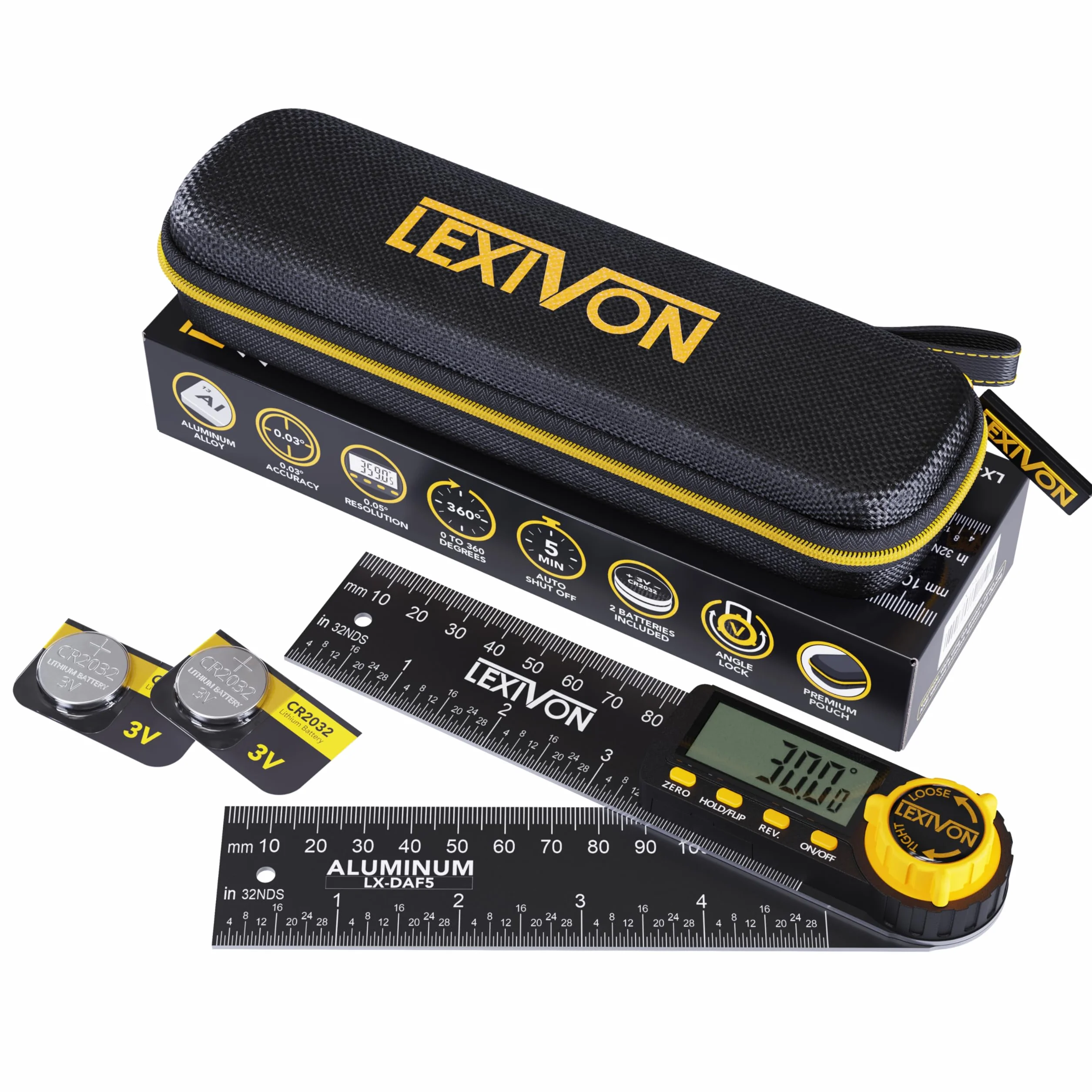 LEXIVON Medidor de Angulo Digital de Aluminio 130 mm con Pantalla XL y Bolsa (LX-DAF5)