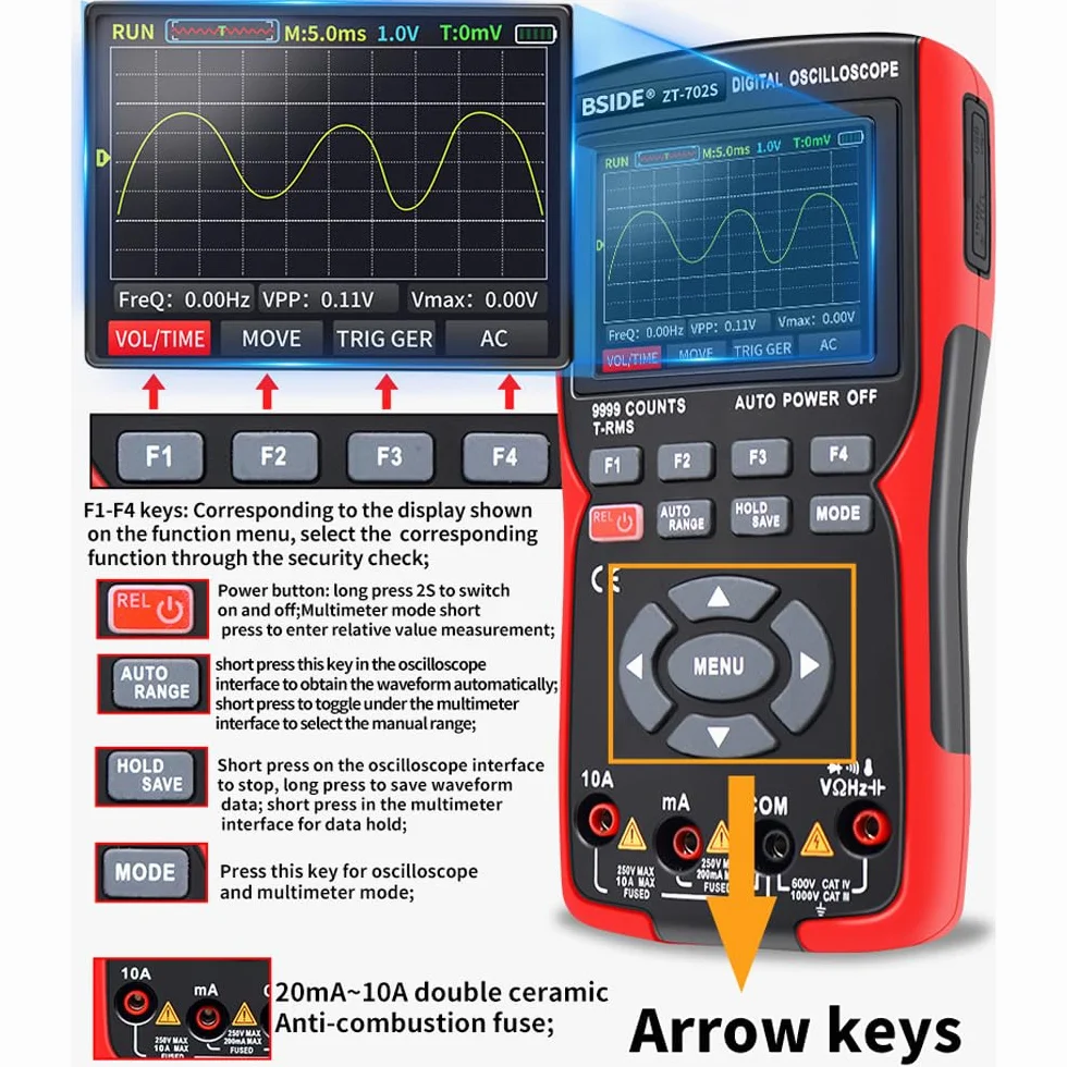 BSIDE ZT-702S Kit Osciloscopio DIY Multímetro Digital TRMS con Osciloscopio Automotriz 9999 Cuentas 10Mhz LCD a Color Medidor de Miliamperios y Milivolt Oscilloscope Recargable con Memoria para PC