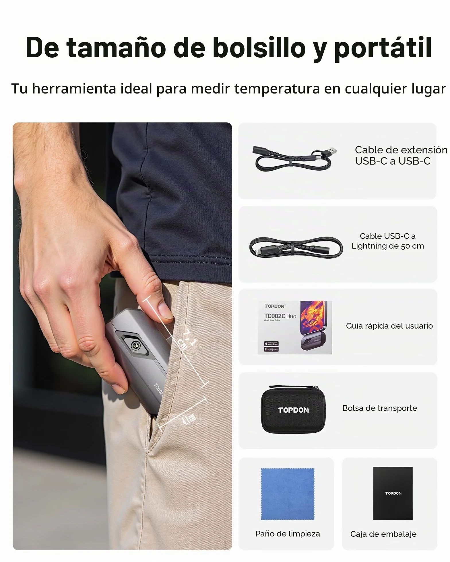 TOPDON Cámara termográfica TC002C Duo para Android/iOS, 512 x 384 TISR de alta resolución, -20 – 550 °C, 25 Hz, para smartphone, tableta, PC, USB, Lightning, cámara infrarroja para inspección