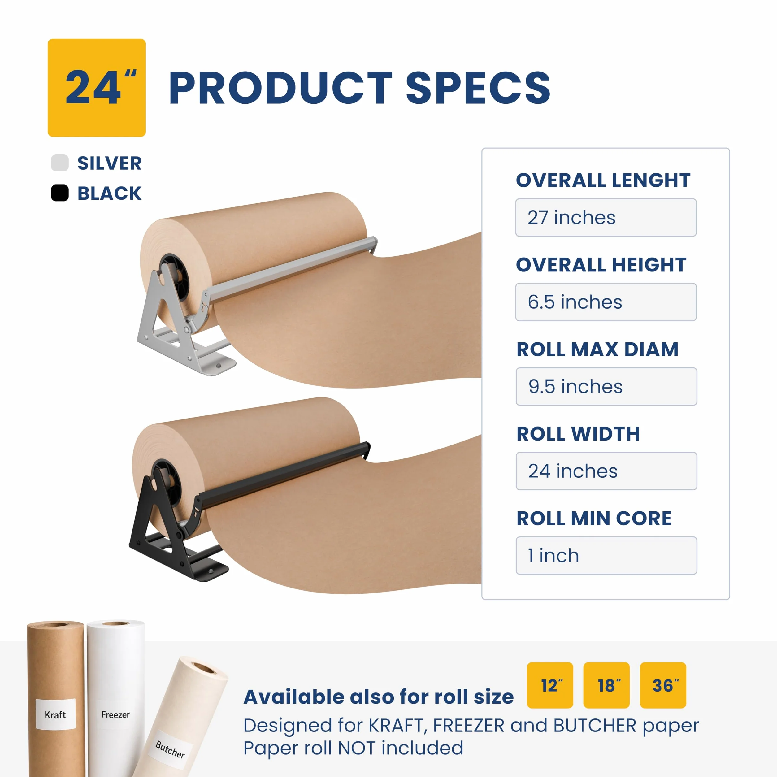 Dispensador y Cortador de Rollos de Papel – Dispensador de Papel de Kraft, congelador y Carnicero Resistente – Antideslizante y montado en la Pared (24 Pulgadas) (hasta Rollos de 1000 pies)