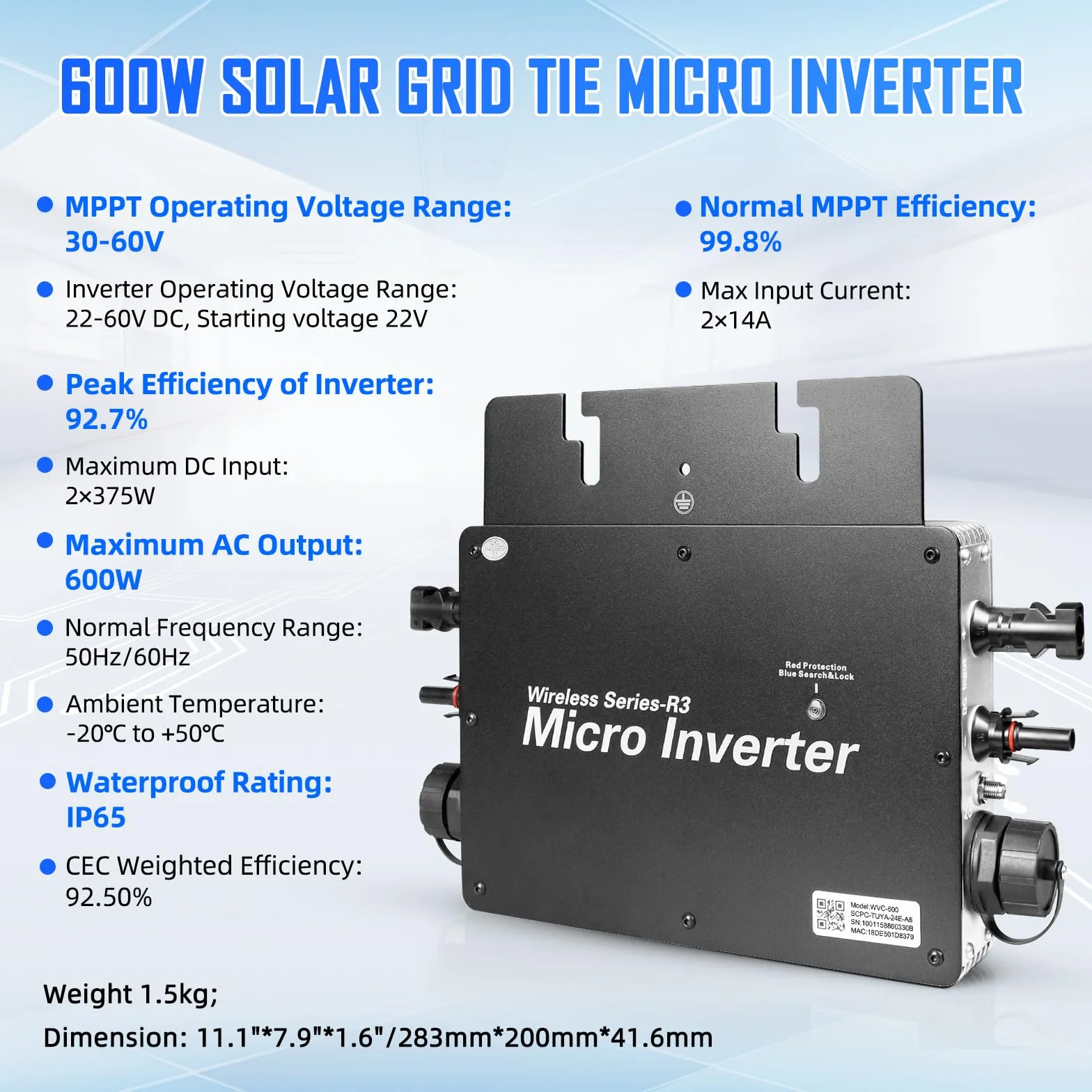 Microinversor 600W,Inversor Solar Inteligente,Inversor fotovoltaico para 2X 375w Paneles solares,Entrada 20-60Vdc,MPPT Integrado,WiFi App.