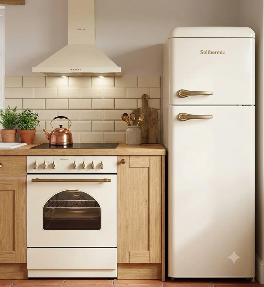 SOLTHERMIC PACK 3 EN 1 CREMA RÚSTICO COCINA VTC XL 60 CM CON HORNO AMPLIO + CAMPANA DECORATIVA 60 CM Y FRIGORIFICO 2P F2PR147C 1,47 x 55 gran capacidad de HASTA 220L y bajo consumo