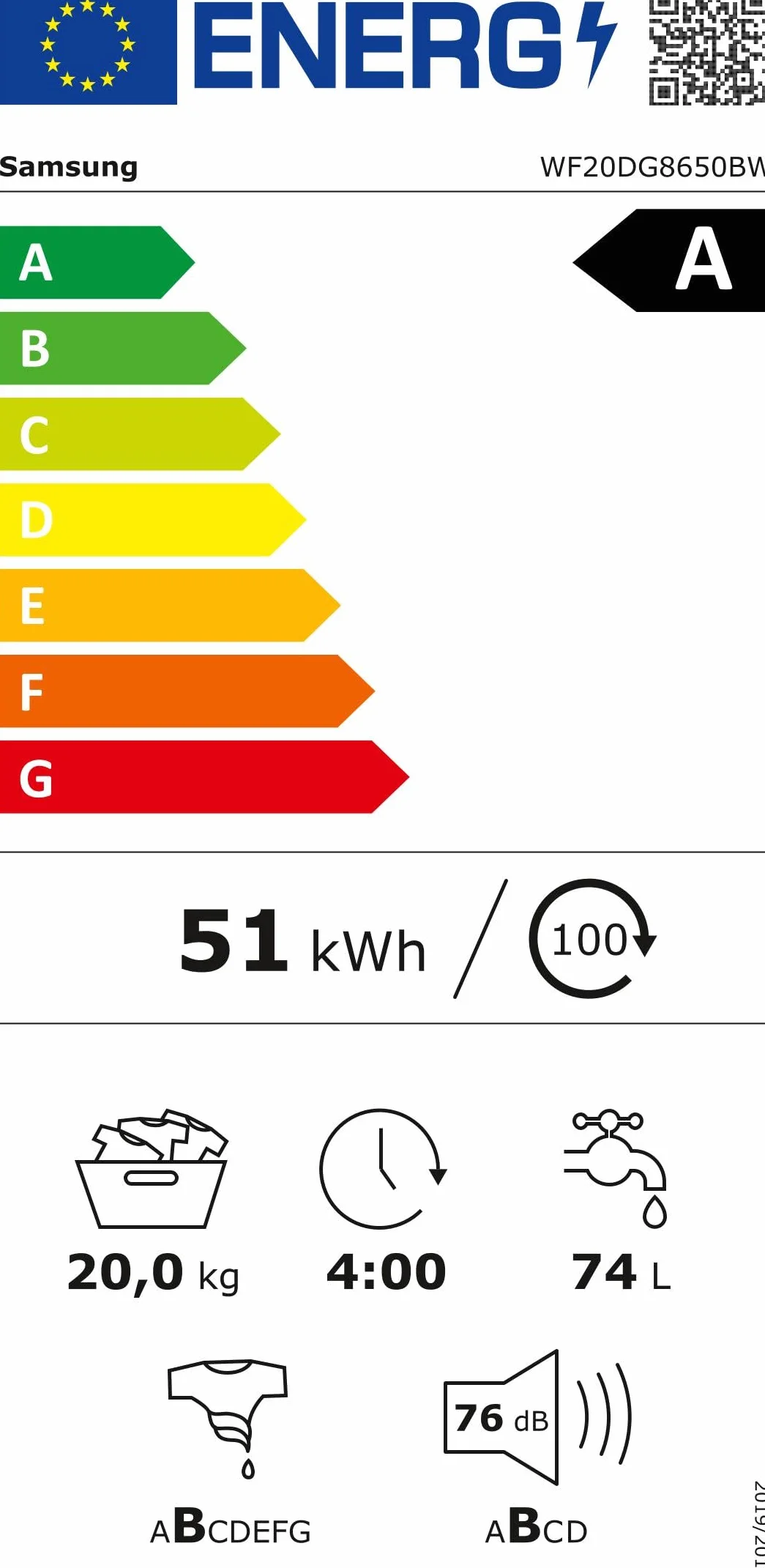 Samsung Lavadora 1000 RPM Blanca WF20DG8650BWU3