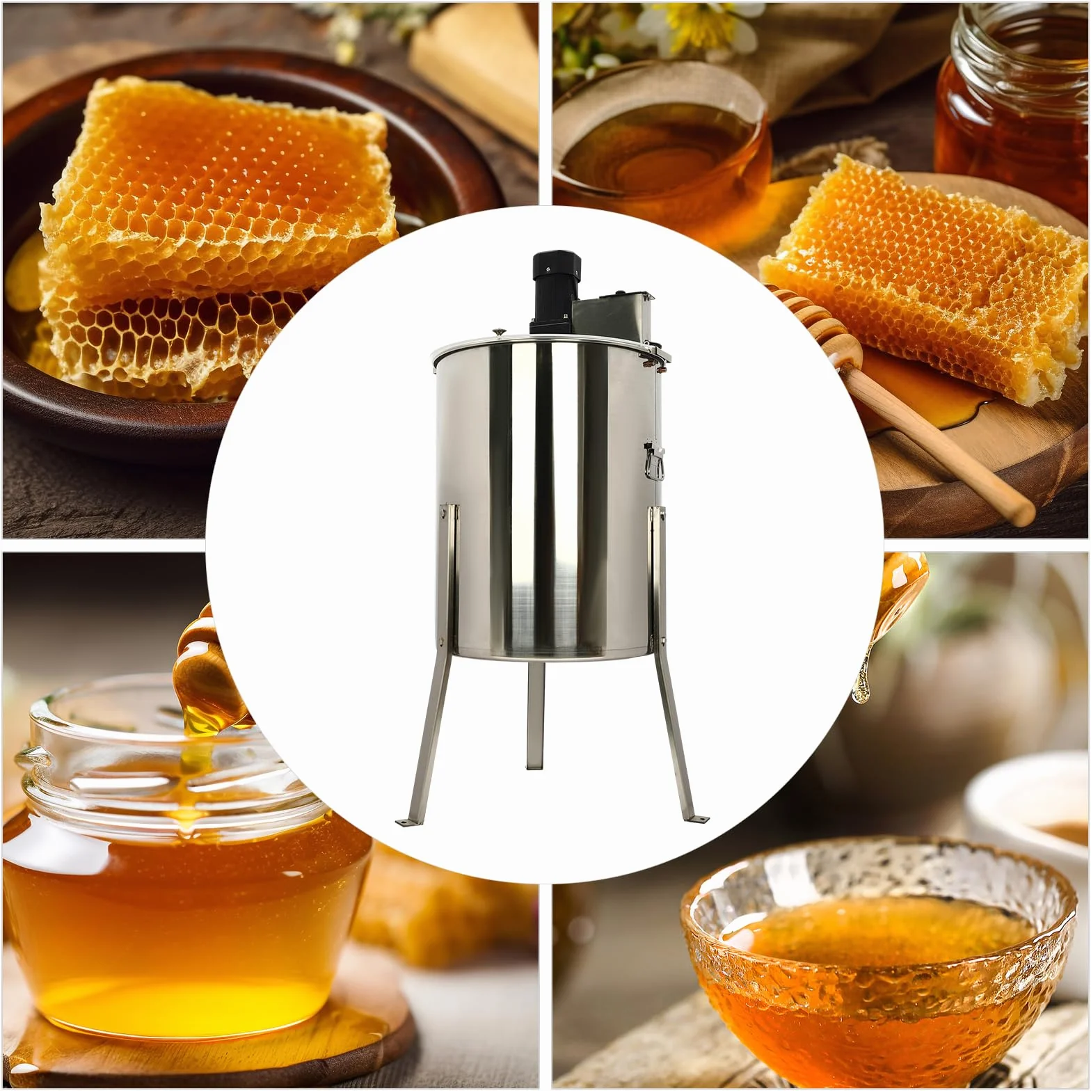 Centrifugador eléctrico de miel de acero inoxidable, 140 W, 8 panales (4 pequeños + 4 estándar), extractor de miel, extractor de miel, extractor tangencial con tapa transparente para apicultores