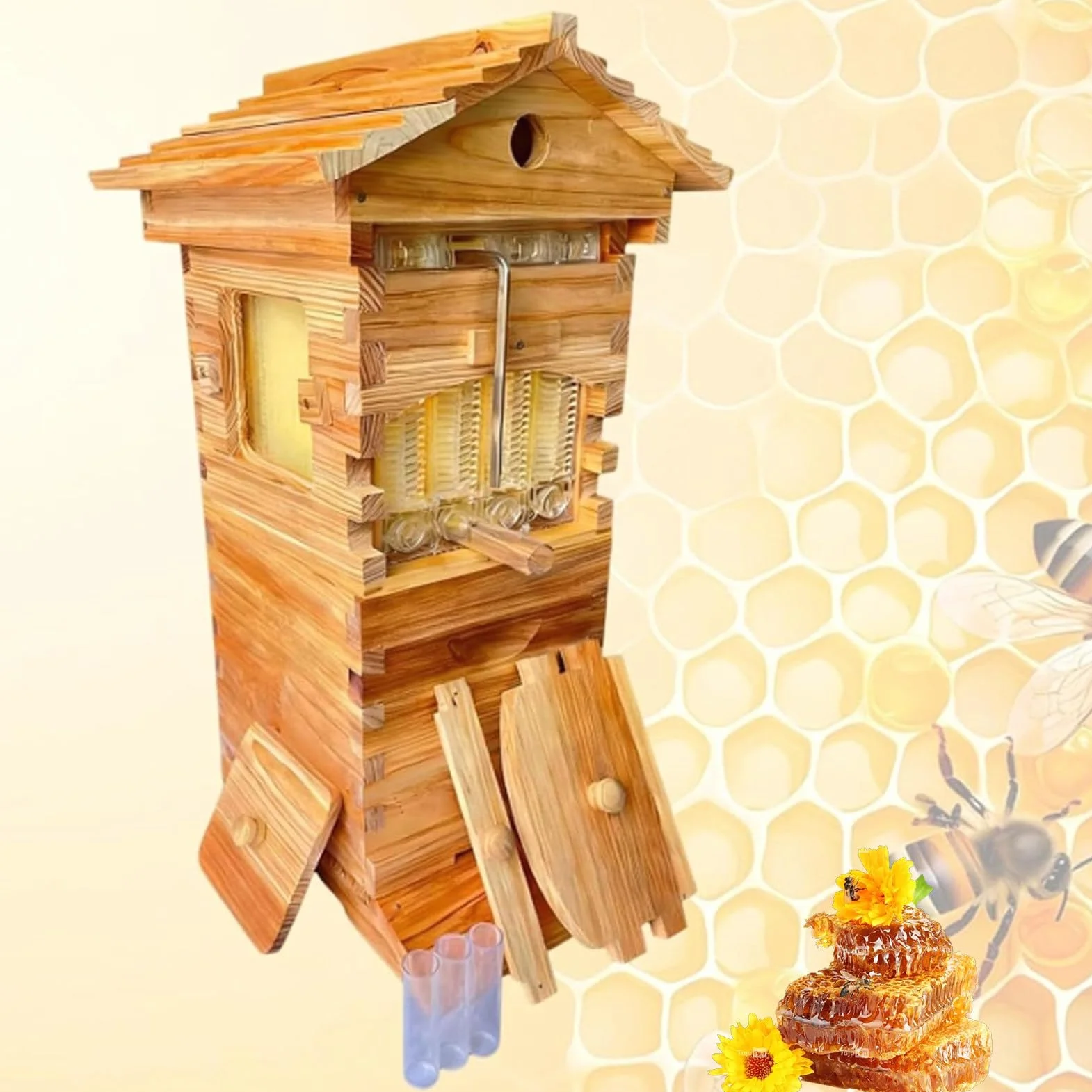 Kit De Inicio Automático De Colmena De Flujo Automático, Caja De Madera For Abejas con 7 Bandejas De Panal, Ventana De Observación For Apicultura Y Polinizadores De Jardín.