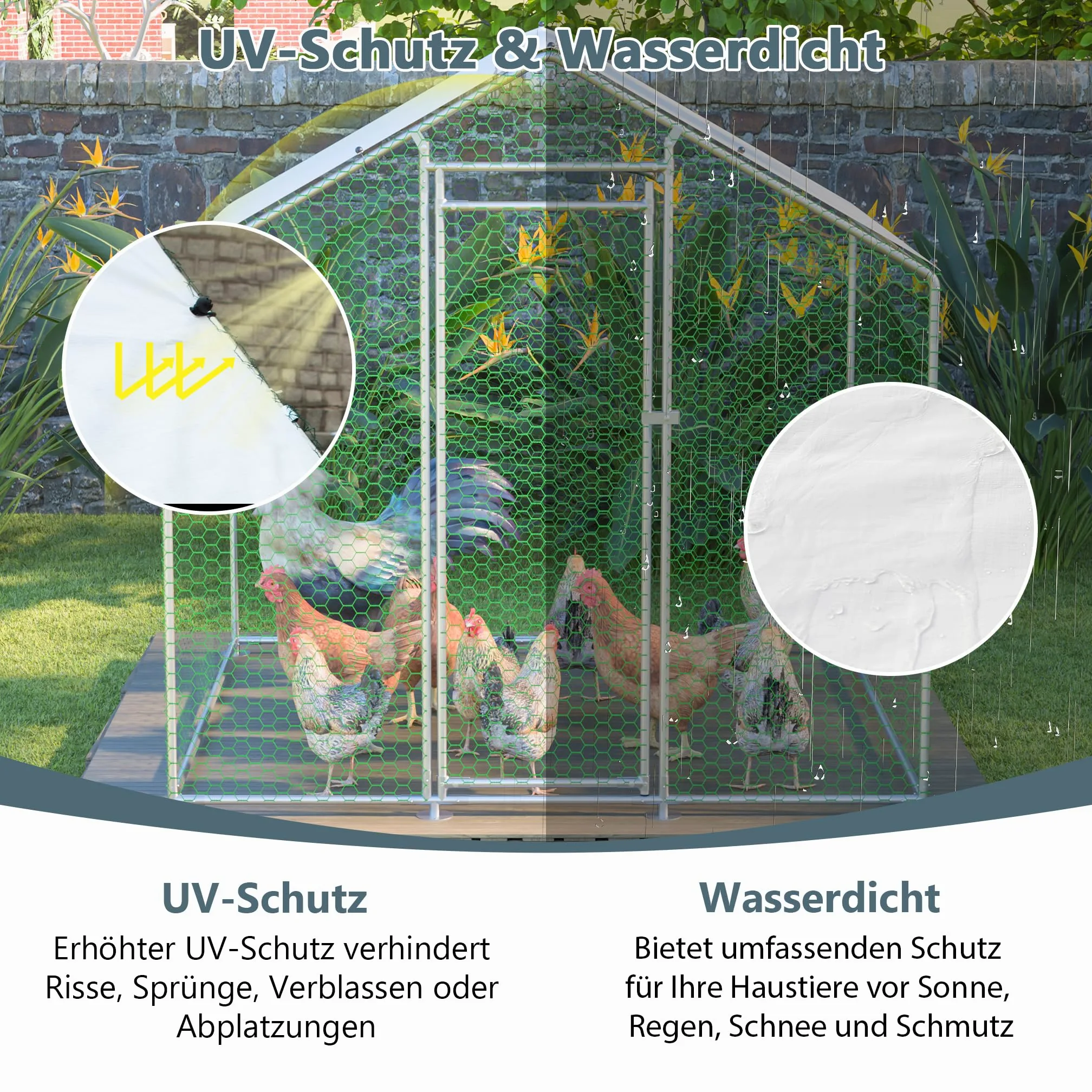 Redkid Corral Metálico para Gallinas 4m² 2x2x2m, Recinto Exterior para Gallinas, Conejos y Pequeños Animales, Lona PE Impermeable, Cierre de Seguridad