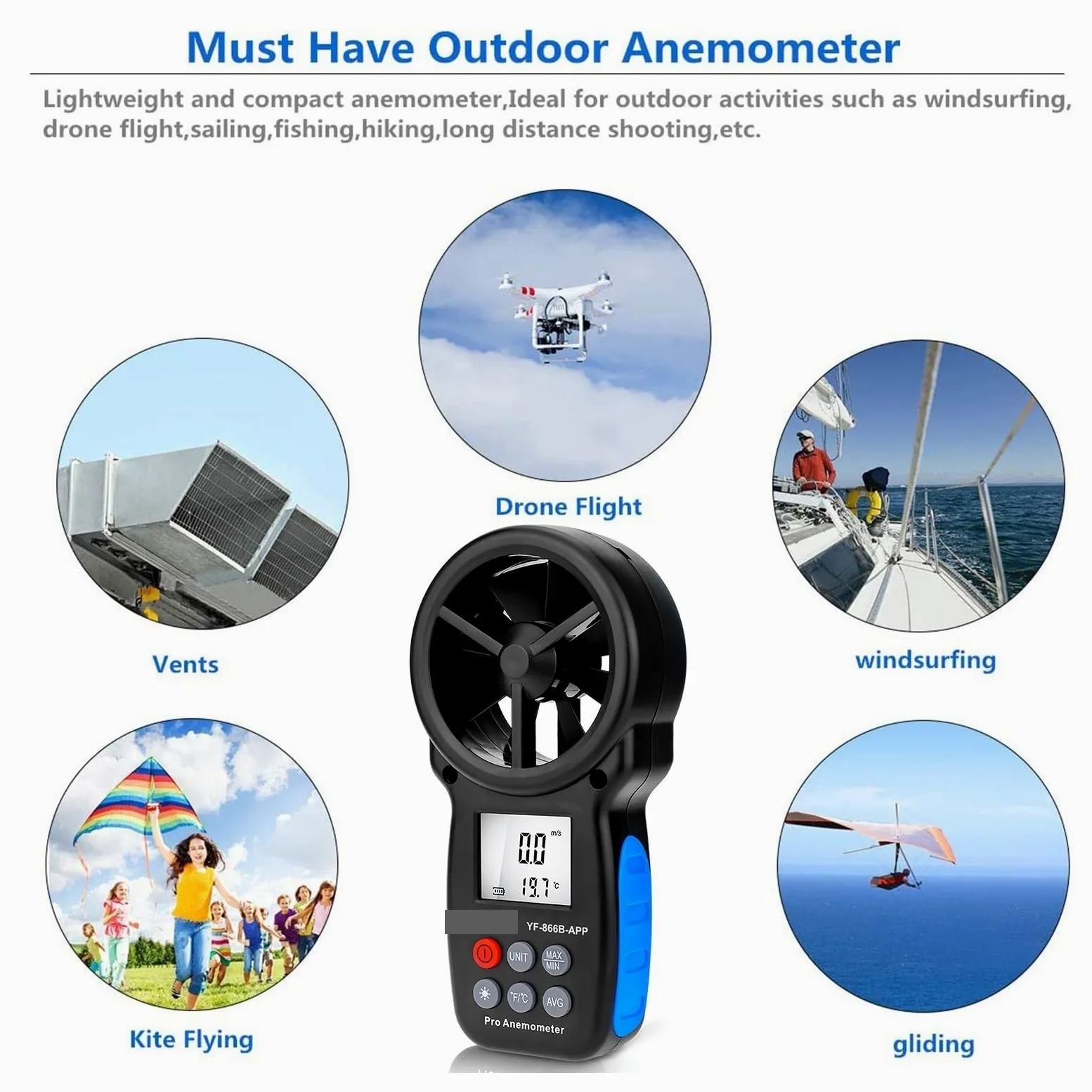 Medidor de flujo digital Anemómetro Digital 866A/866B/866B-APP, medidor de velocidad del viento, mide la temperatura del viento y el flujo del viento con retención de datos y USB para agua diesel quer