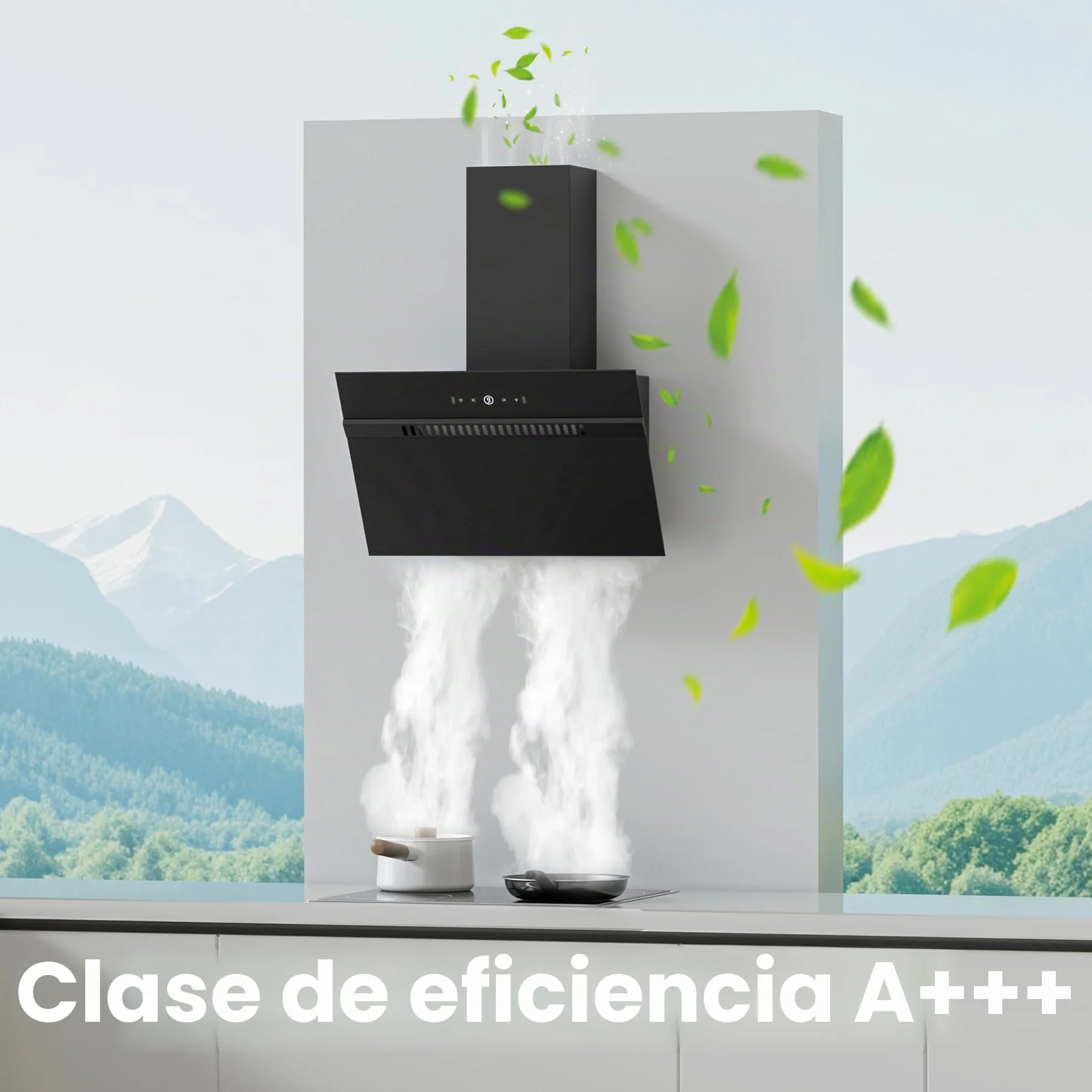 FIREGAS Campana Extractora Inclinada 60 cm Clase A+++ Motor sin Escobillas 684 m³/h Control Táctil y por Gestos 9 Velocidades Negro