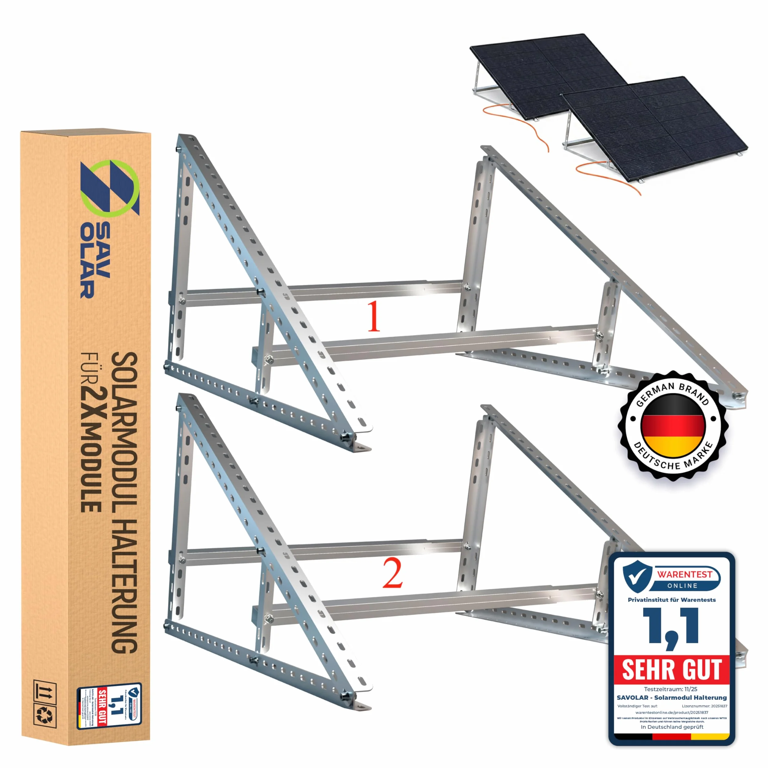 Soporte para módulo solar, 2 unidades, aluminio y acero inoxidable, montaje en pared, para plantas de balcones de hasta 117 cm, ángulo ajustable 0-90°, compatible con módulos solares de 100