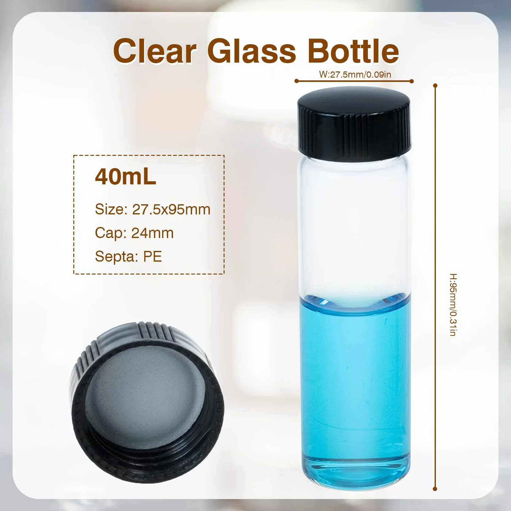 ALWSCI Botellas de Muestras de Vidrio 40 mL 24 mm Tapa PP PE Liner 27,5 x 95 mm