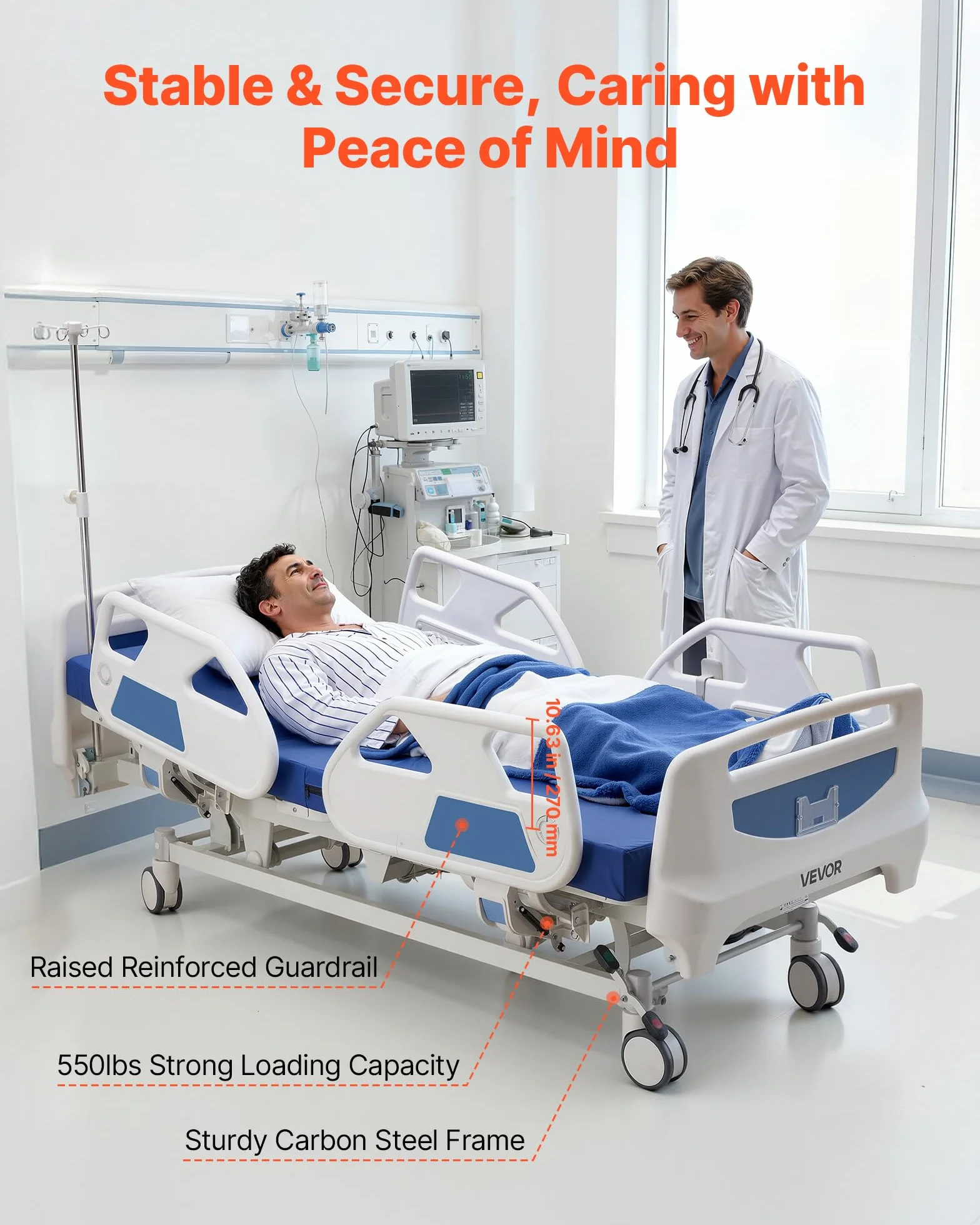 VEVOR Cama de Hospital Eléctrica de 5 Funciones, con Sistema de Cierre Centralizado y Trendelenburg, Cama Médica con Ruedas para Hospitalización en Easa, Capacidad de 250 kg, 217 x 108 x 47-76 cm