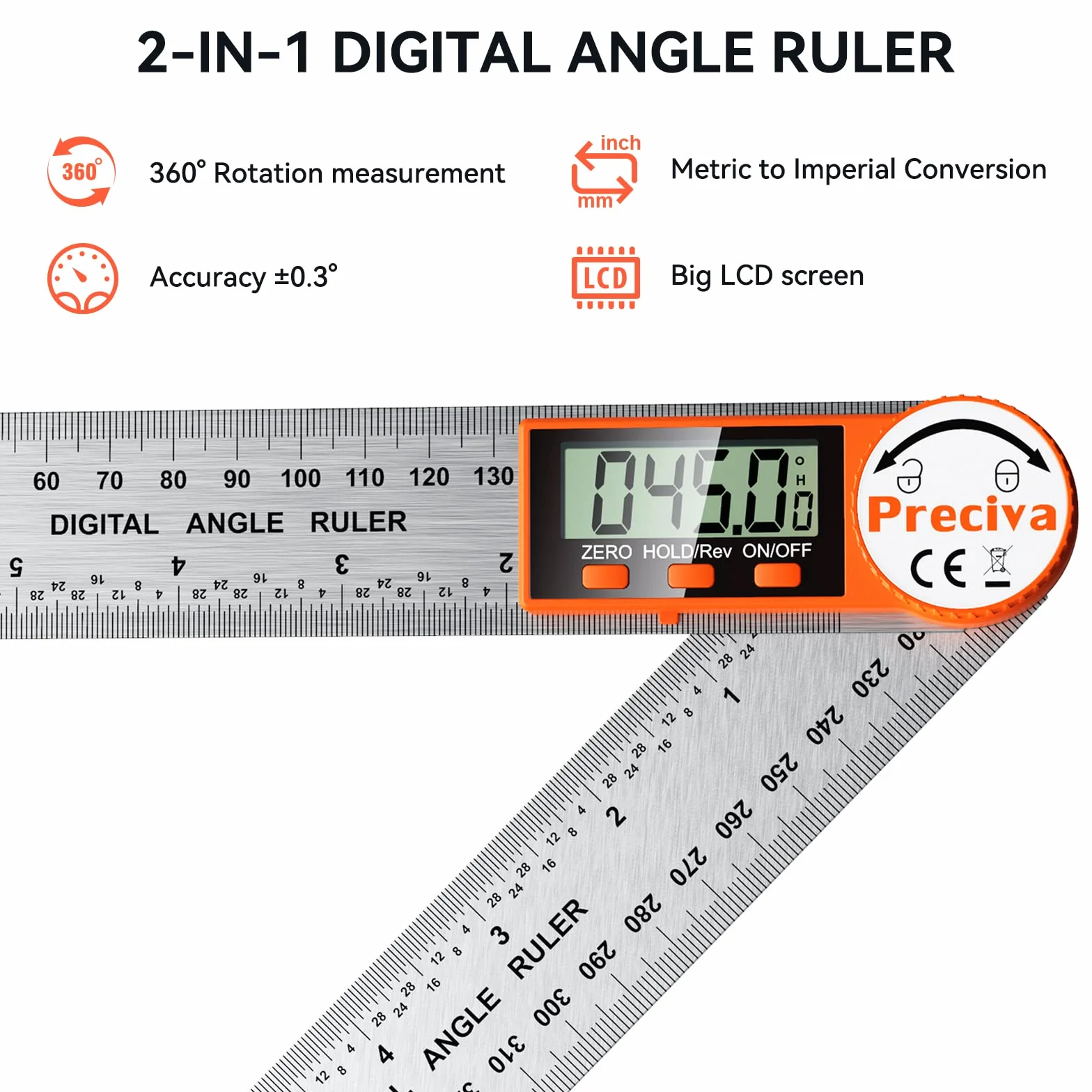 Preciva Medidor de ángulos digitales 400mm Goniómetro digital acero inoxidable pantalla LCD