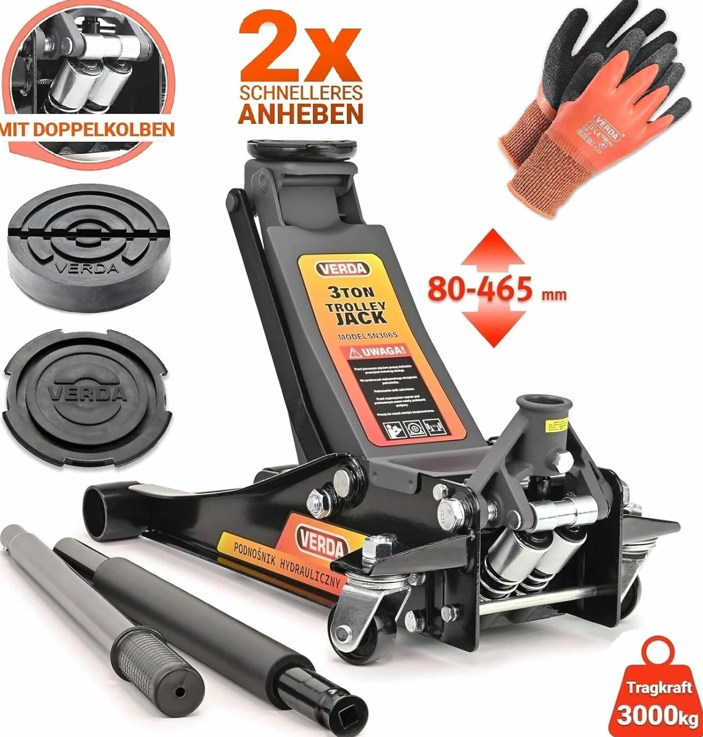 Gato hidráulico 3T, 80 – 465 mm, 2 almohadillas de goma, guantes de montaje, 2 soportes, gato hidráulico profesional, elevador de coche, autocaravana, ideal para cambio de neumáticos SUV