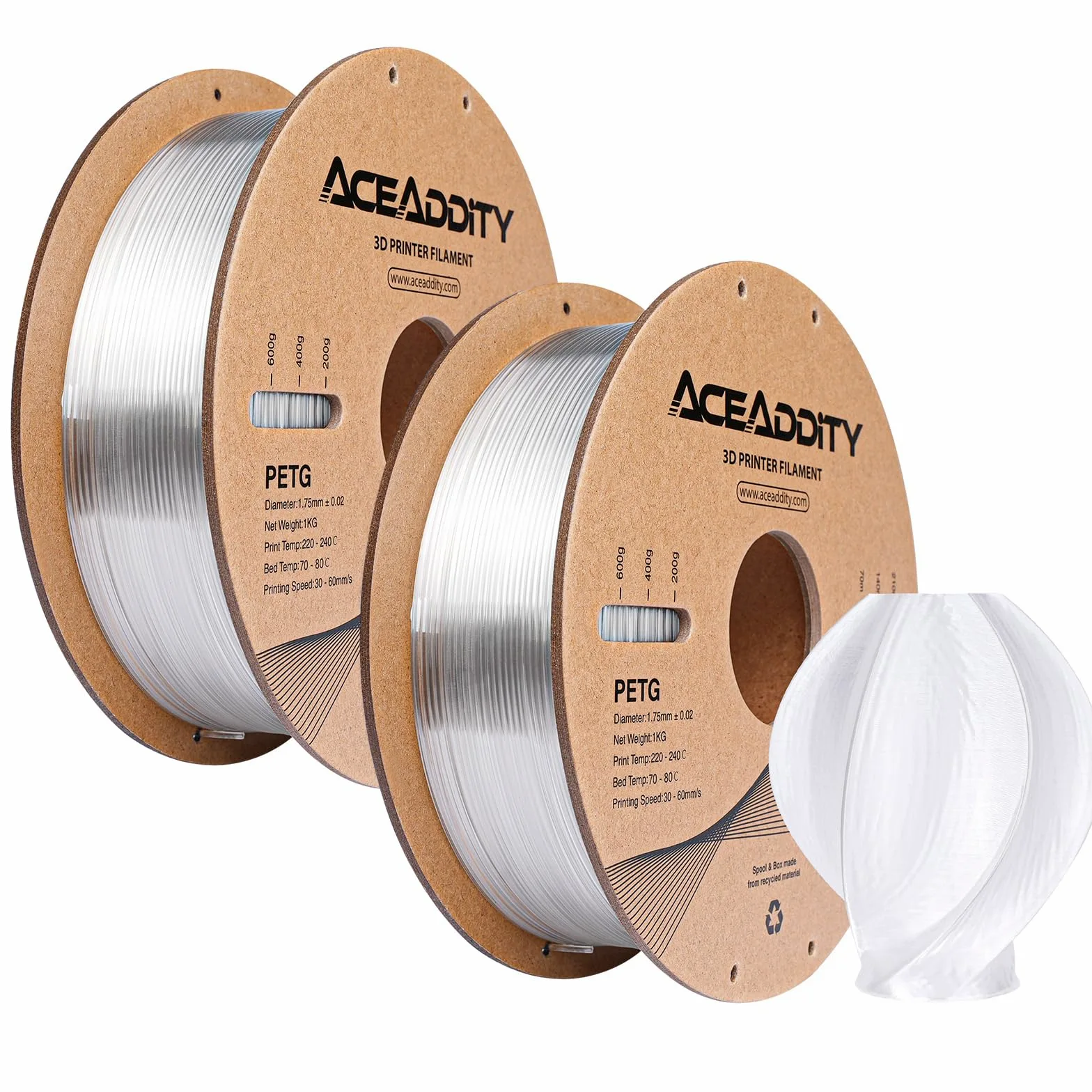 Filamento de PETG de 1,75 mm PETG de impresión 3D, compatible con la mayoría de impresoras 3D FDM Neptune 2 / Neptuno 3 / Ender 3 / Precisión dimensional ± 0,02 mm, bobina de 1 kg (2 kg)