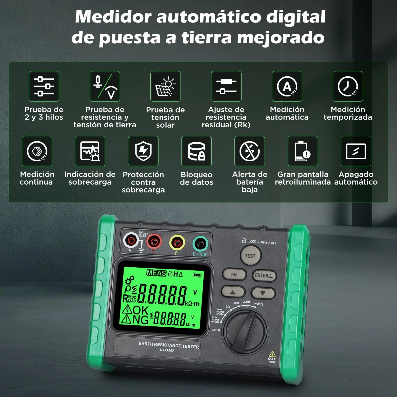 DY4100A Probador de Resistencia de Tierra, 0~2000 Ω Ajustable Medidor de Resistencia a la Tierra 0~600 V Megóhmetro Instrumento de tierra con LCD Pantalla, Probador de Tensión Solar