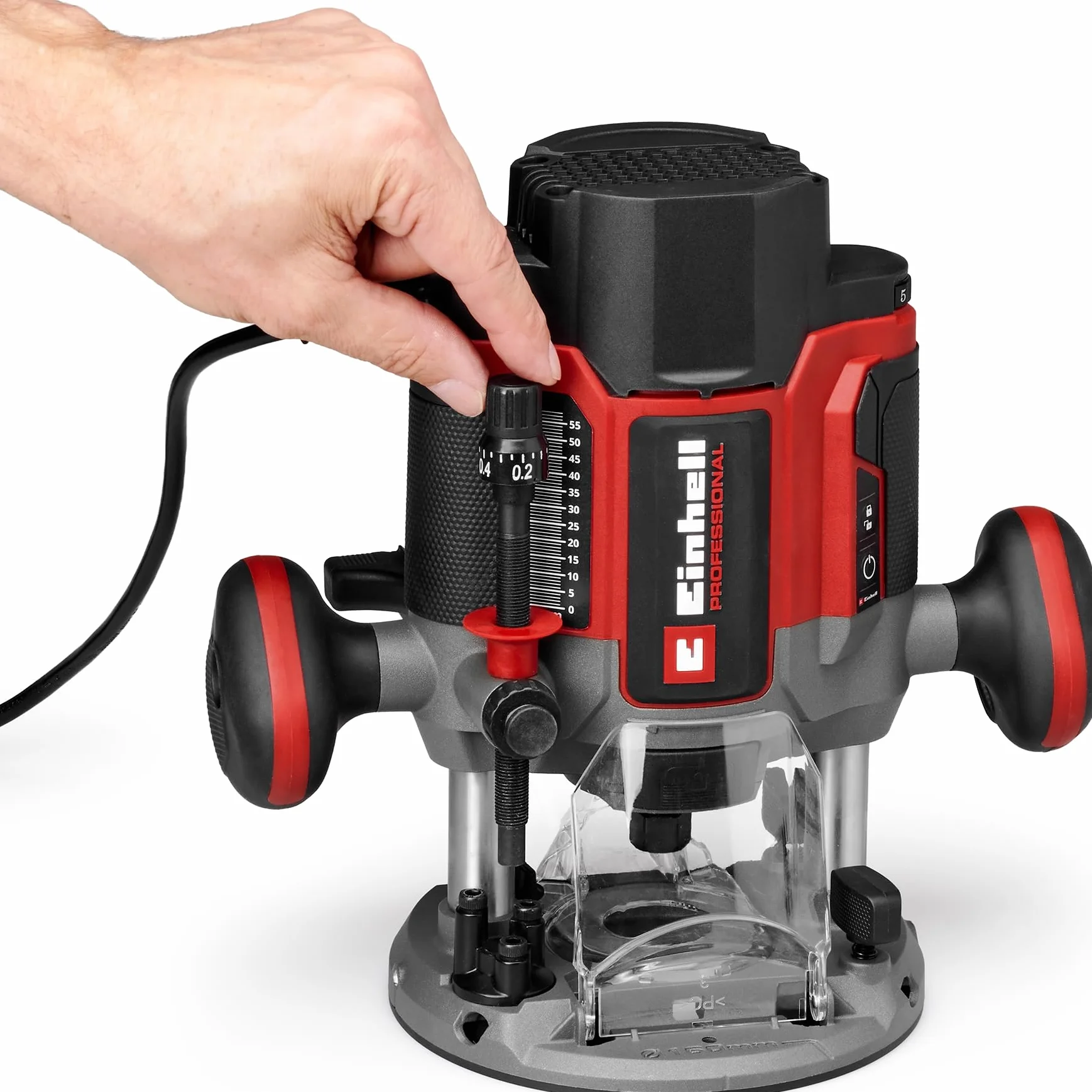Einhell Professional fresadora superior TP-RO 1400 E (1400 W, altura de elevación 55 mm, pinzas de sujeción Ø 6 y 8 mm, luz LED, incl. tope paralelo, punta de compás, manguito de copia y herramienta)