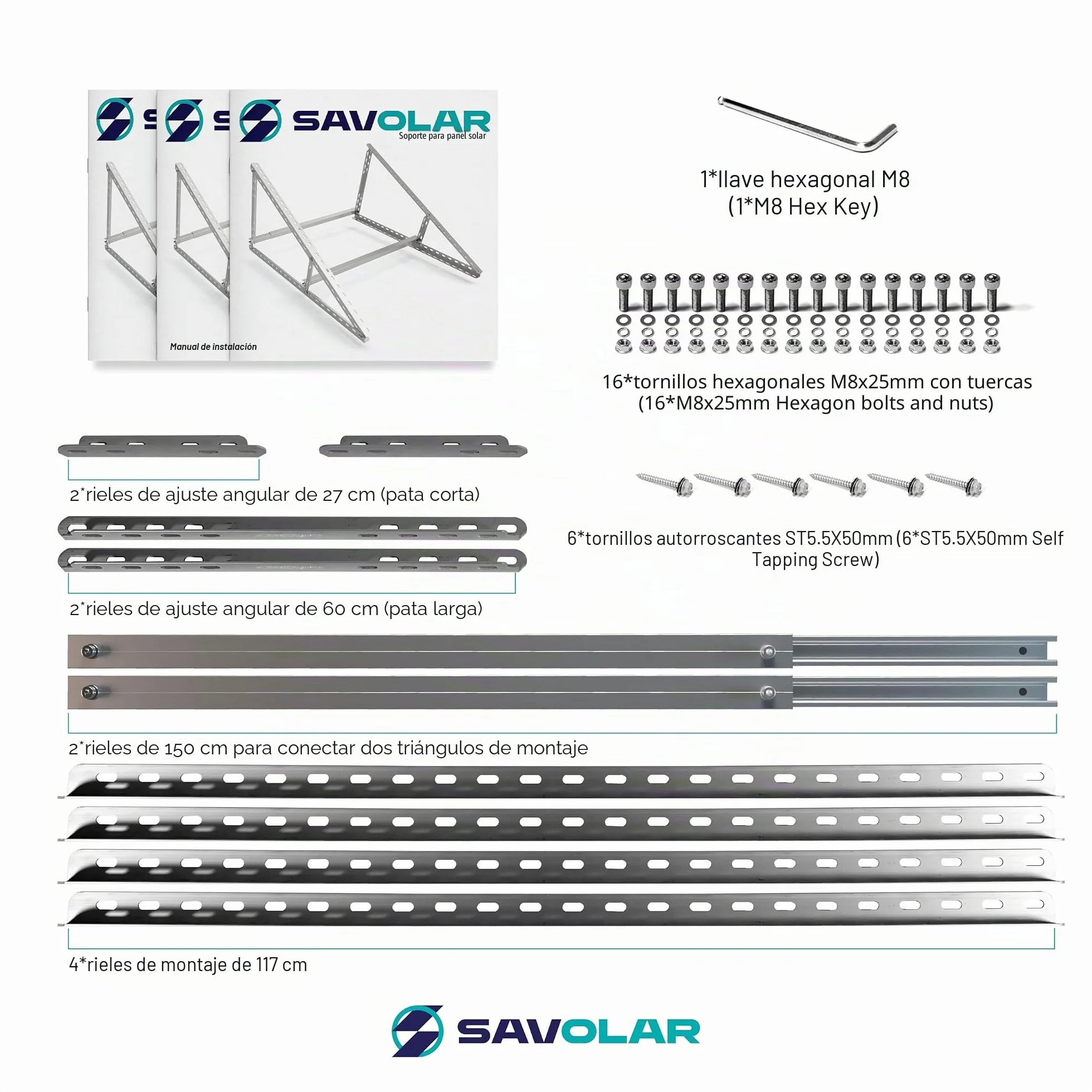 Soporte para módulo solar, 2 unidades, aluminio y acero inoxidable, montaje en pared, para plantas de balcones de hasta 117 cm, ángulo ajustable 0-90°, compatible con módulos solares de 100