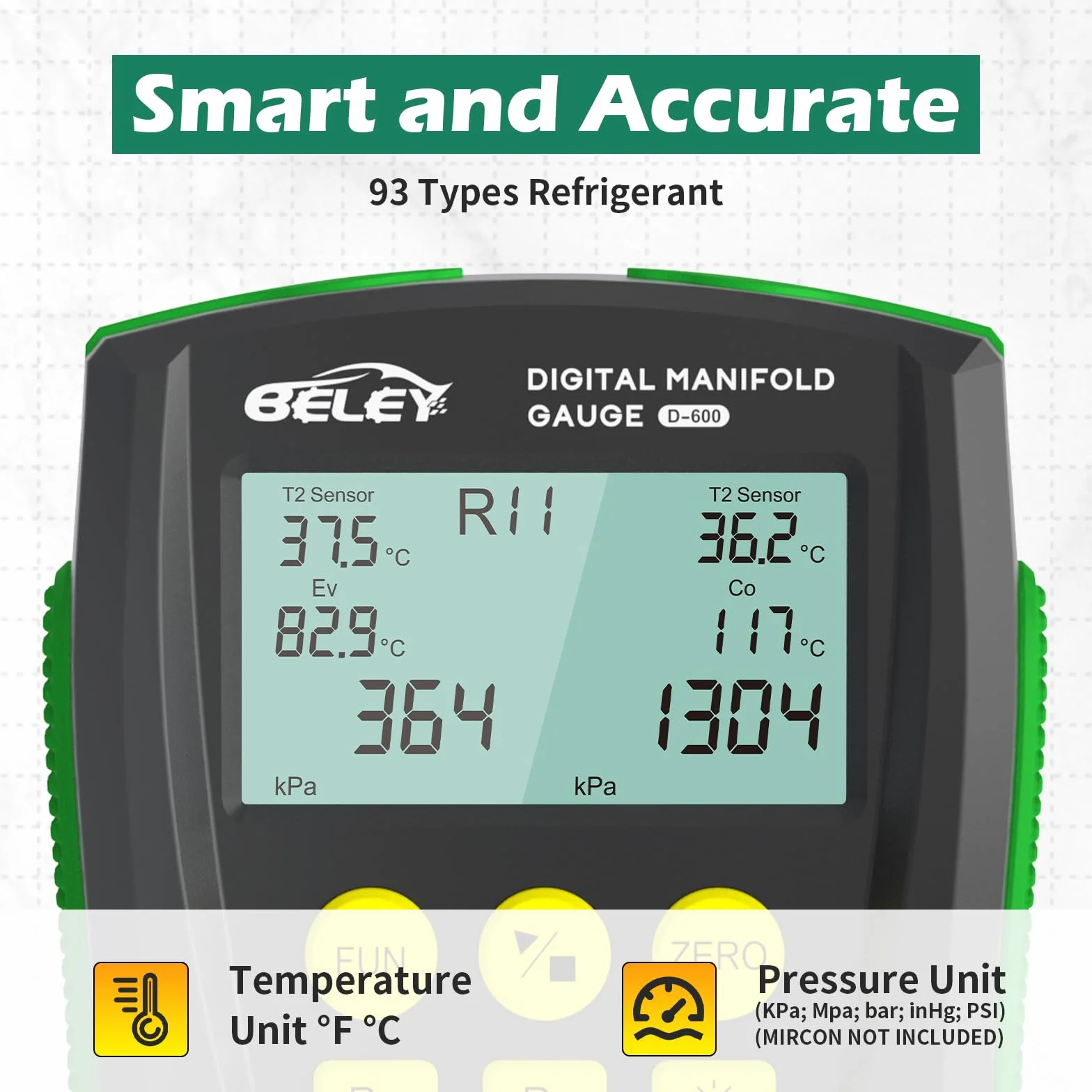 R32 R410a Manómetro Digital Aire Acondicionado para 93 Refrigerantes, HVAC Juego de Manómetros Digitales de Refrigeración, Kit de Indicador Digital con Colector Incluye 2 Abrazaderas de Temperatura