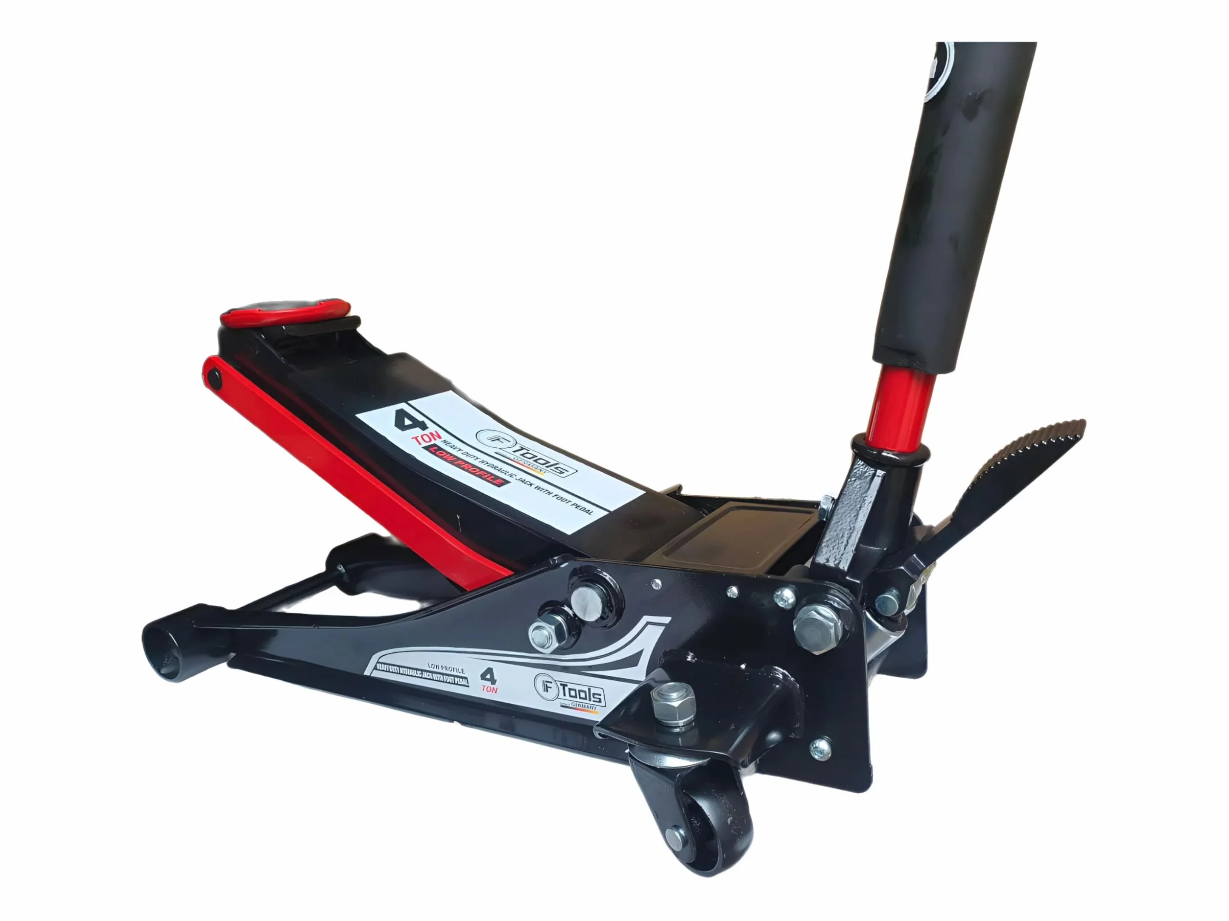 Gato hidráulico de 4T de doble pistón con pedal – Extra plano 75–500 mm – Elevación rápida y ruedas de 360° – Auto, SUV y furgoneta – Gato de taller profesional para maniobras