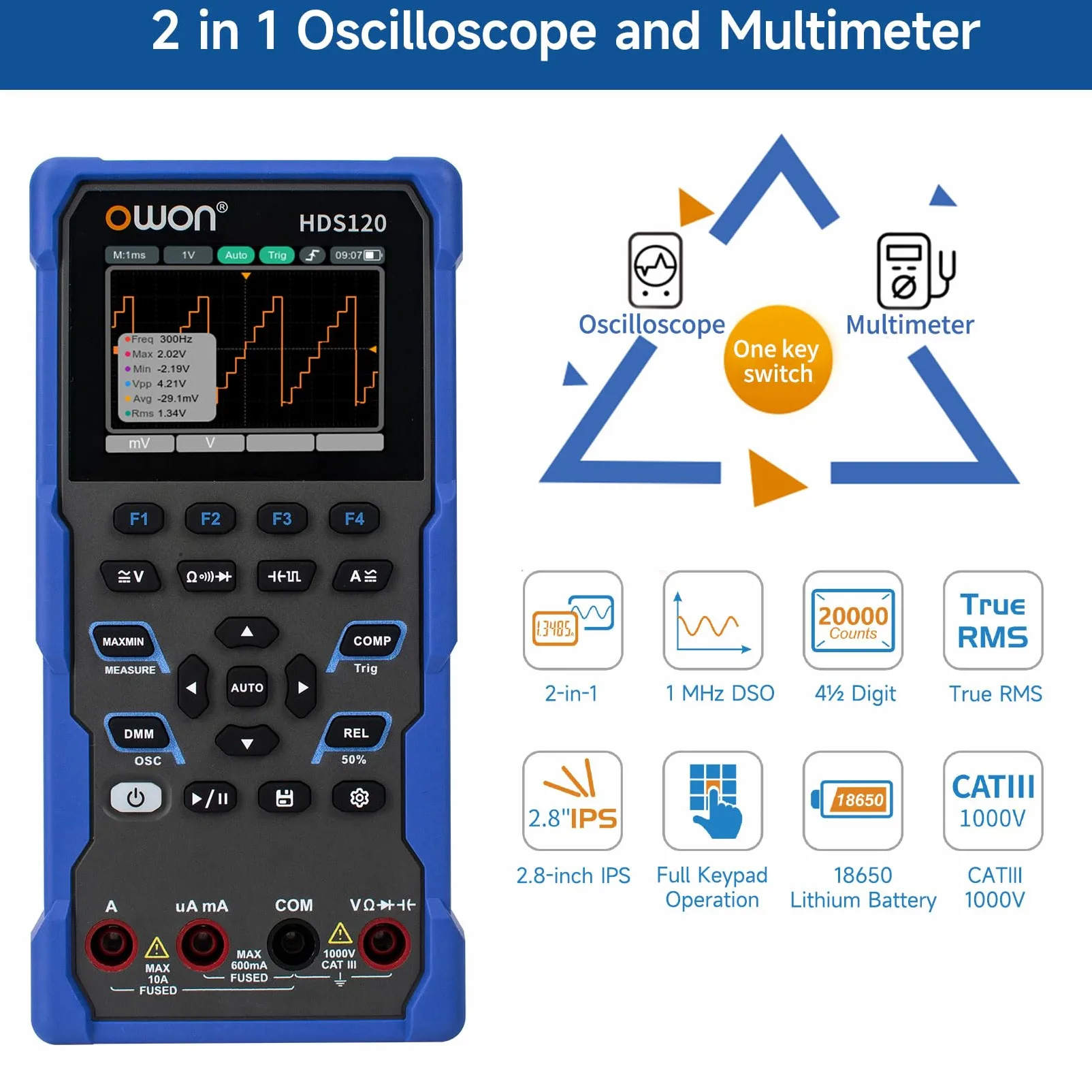 OWON HDS120 Osciloscopio Multímetro 2 en 1 de 1 MHz, multimetro de mano multifunción, multímetro digital de 20.000, pantalla IPS de 2,8 pulgadas, instrumento de prueba universal (multímetro