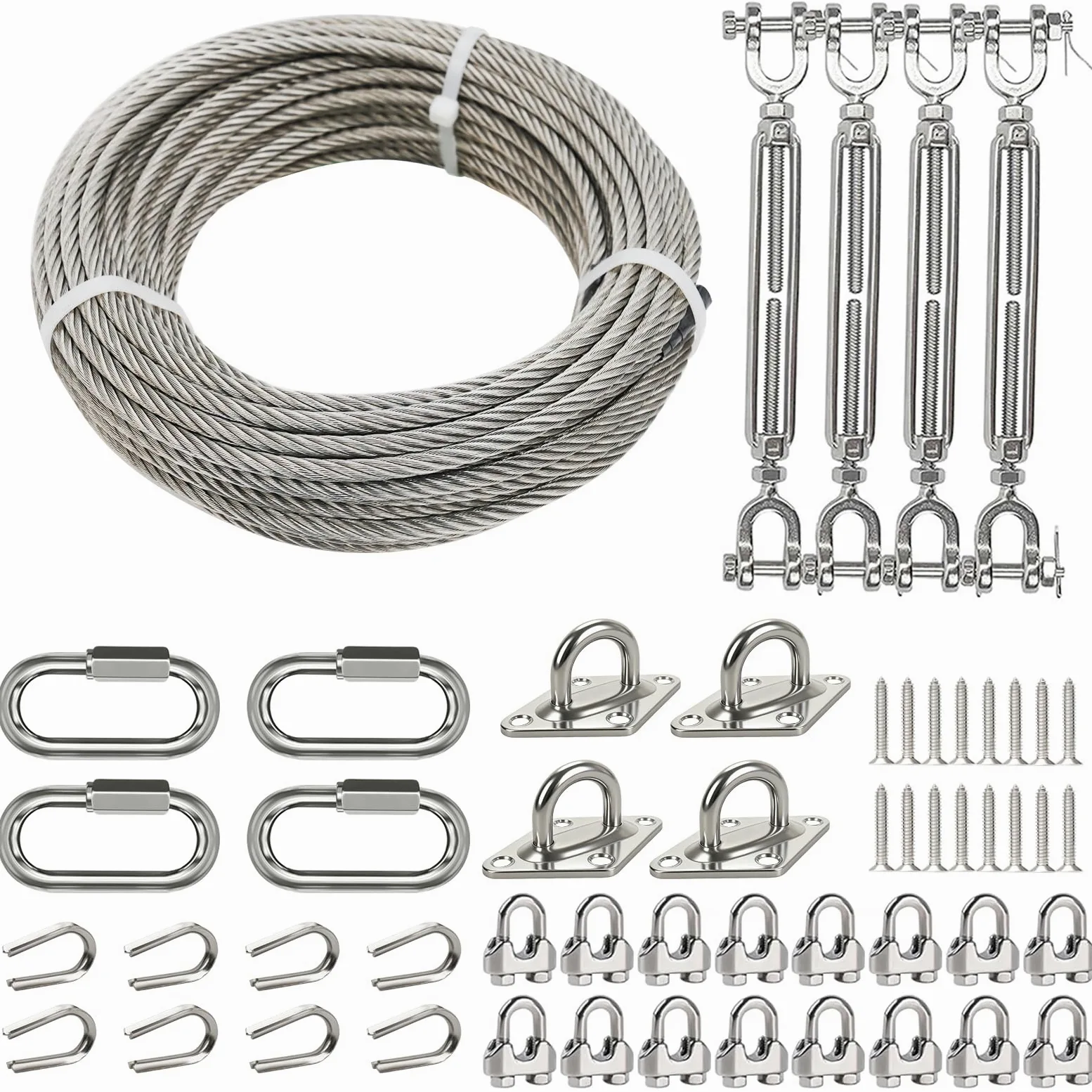 Kit de cuerda de alambre de 3/16 pulgadas con cable de acero inoxidable de 100 pies, tensores de 3/16, eslabones de cadena M6 y ganchos de ojo, límite de carga de 500 libras, kit de alambre