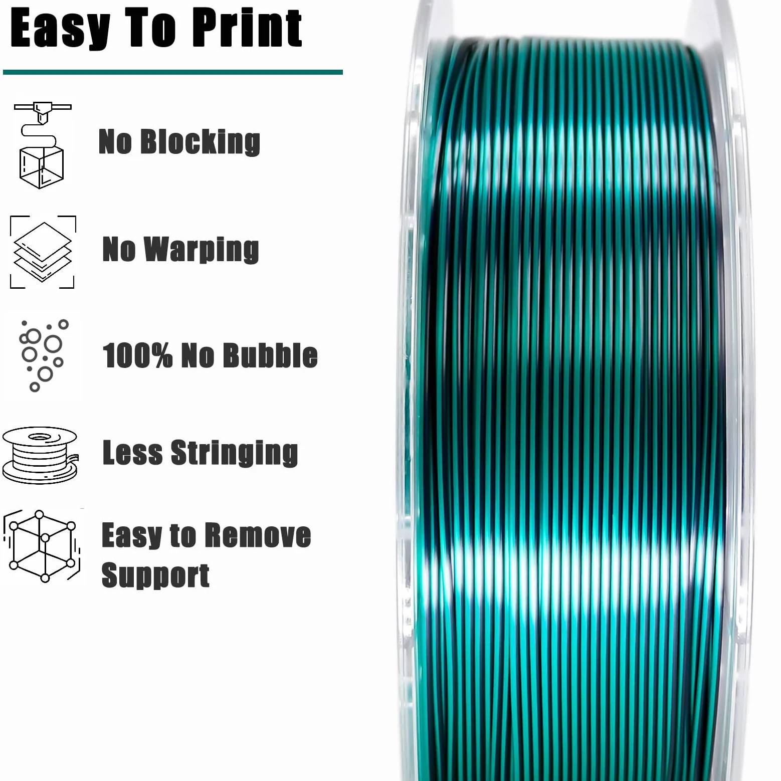 Filamento PLA de 1.75 mm, filamento de impresora 3D de ácido poliláctico sedoso, filamento de doble color, negro y verde, coextrusión 2 en 1, filamento PLA de 1.75 mm +/-0.02 mm, 1 kg