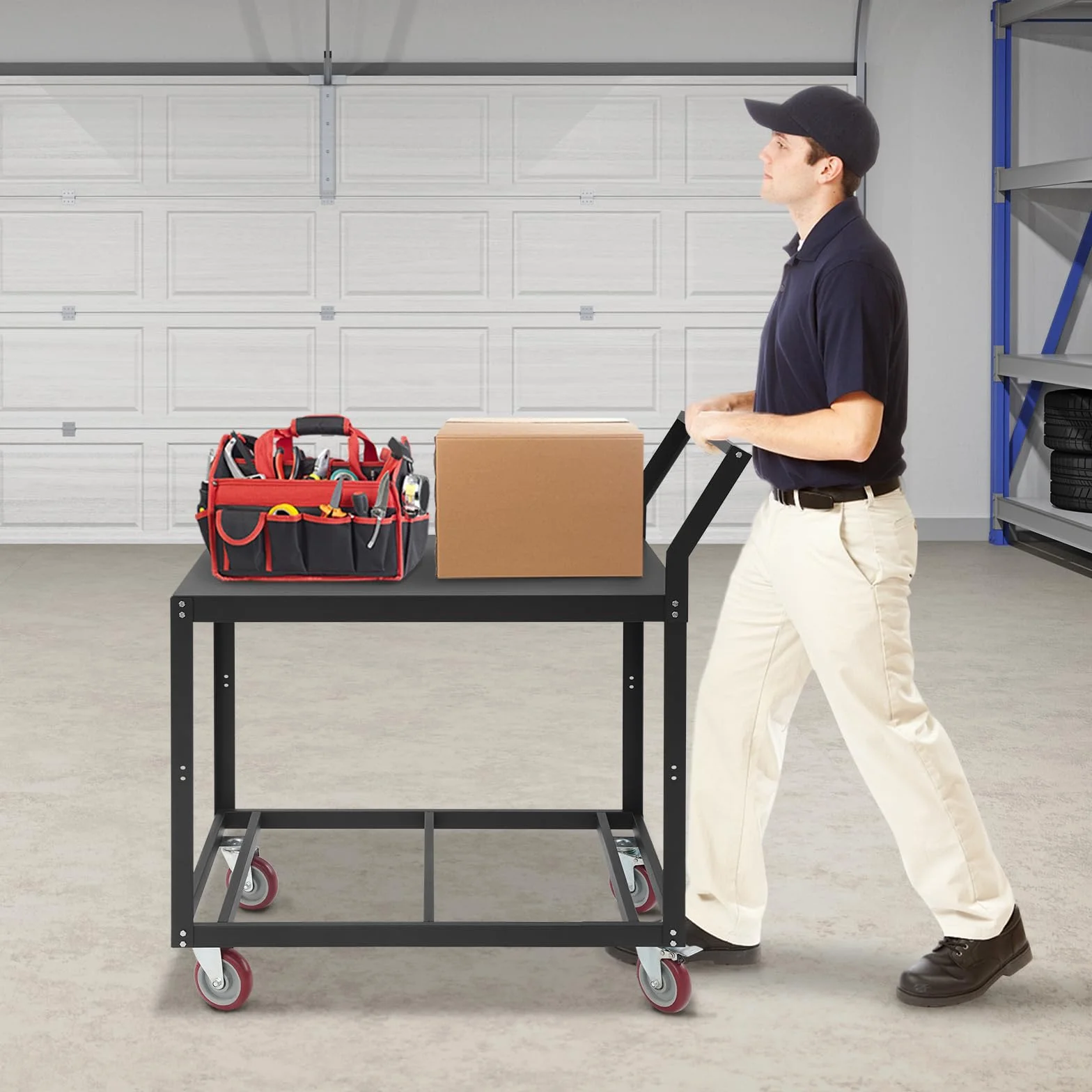 Mesa de trabajo con ruedas 350 kg carga banco de acero carrito industrial carro de transporte pesado 4 ruedas 2 frenos