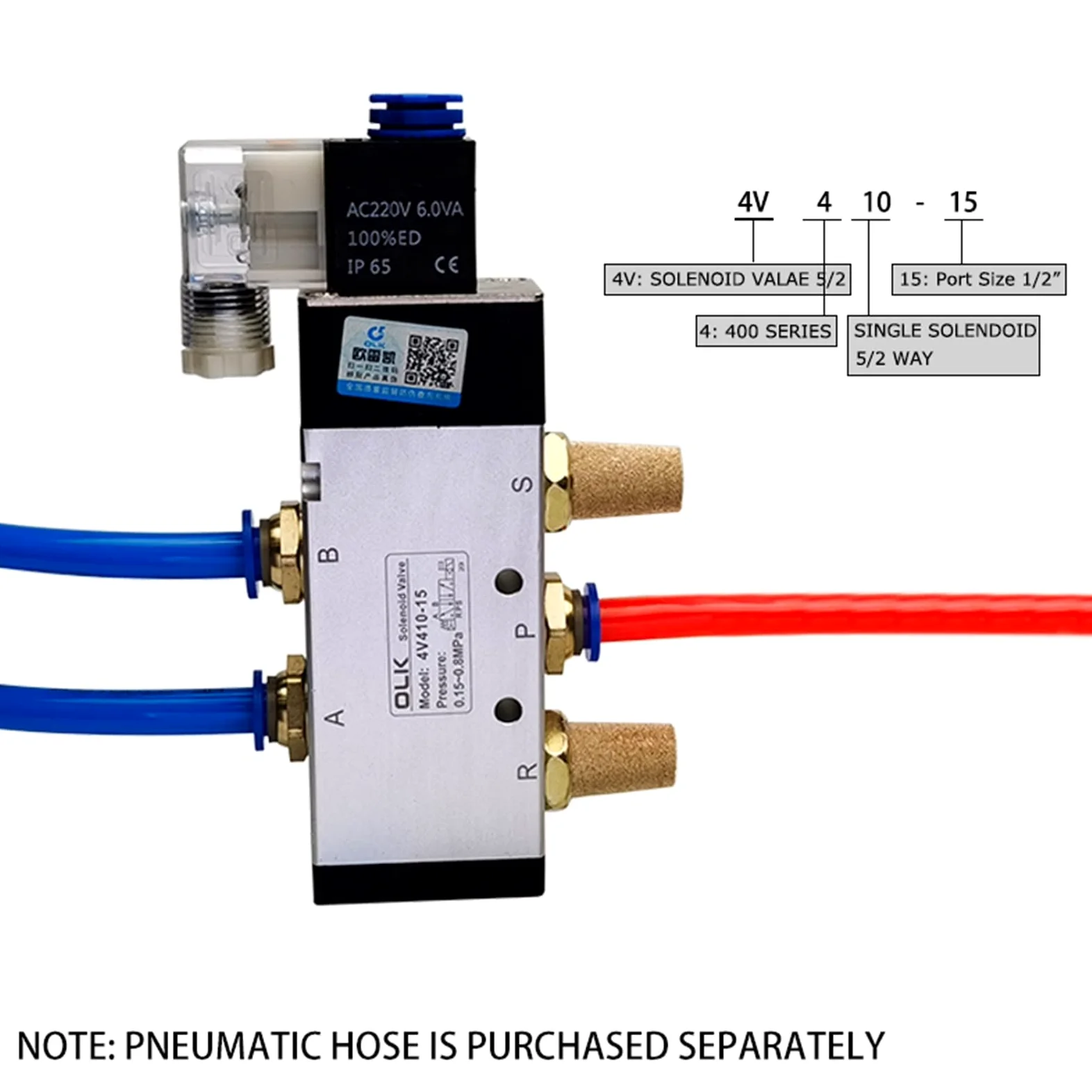 4V210-08 4v110-06 válvula de Aire neumática de 5 vías 5/2 electromagnética DC12V DC24V Controlador de válvulas solenoide AC110V AC220V 4V310-10(4V210-08,AC220V)