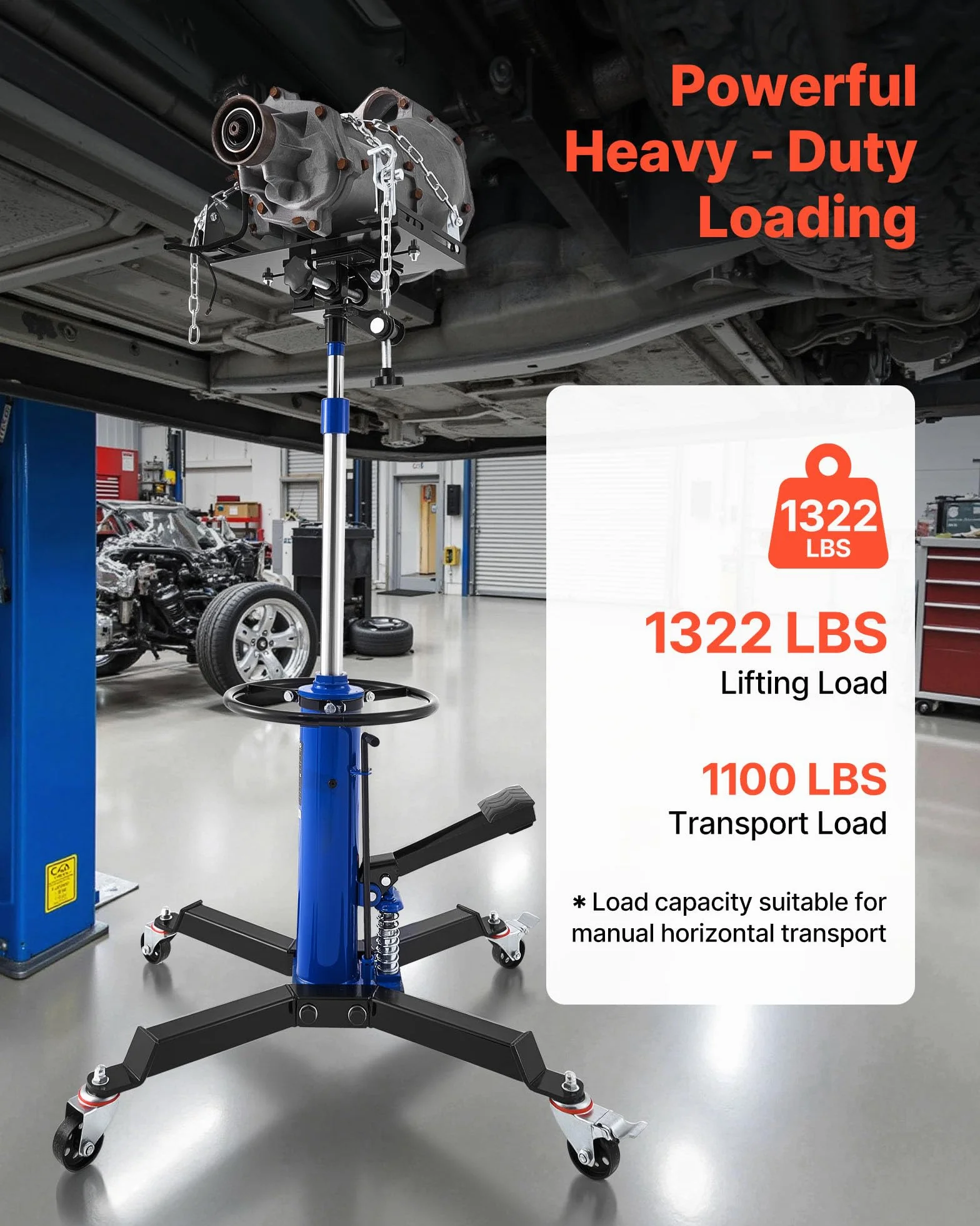 VEVOR Gato Hidráulico de Transmisión, Capacidad de Elevación 600 kg, con Pedal y Caja de Cambios Telescópica Doble, Altura de Elevación 88-176 cm, a Garaje/Taller, Azul, 735 x 625 x 970–1855 mm