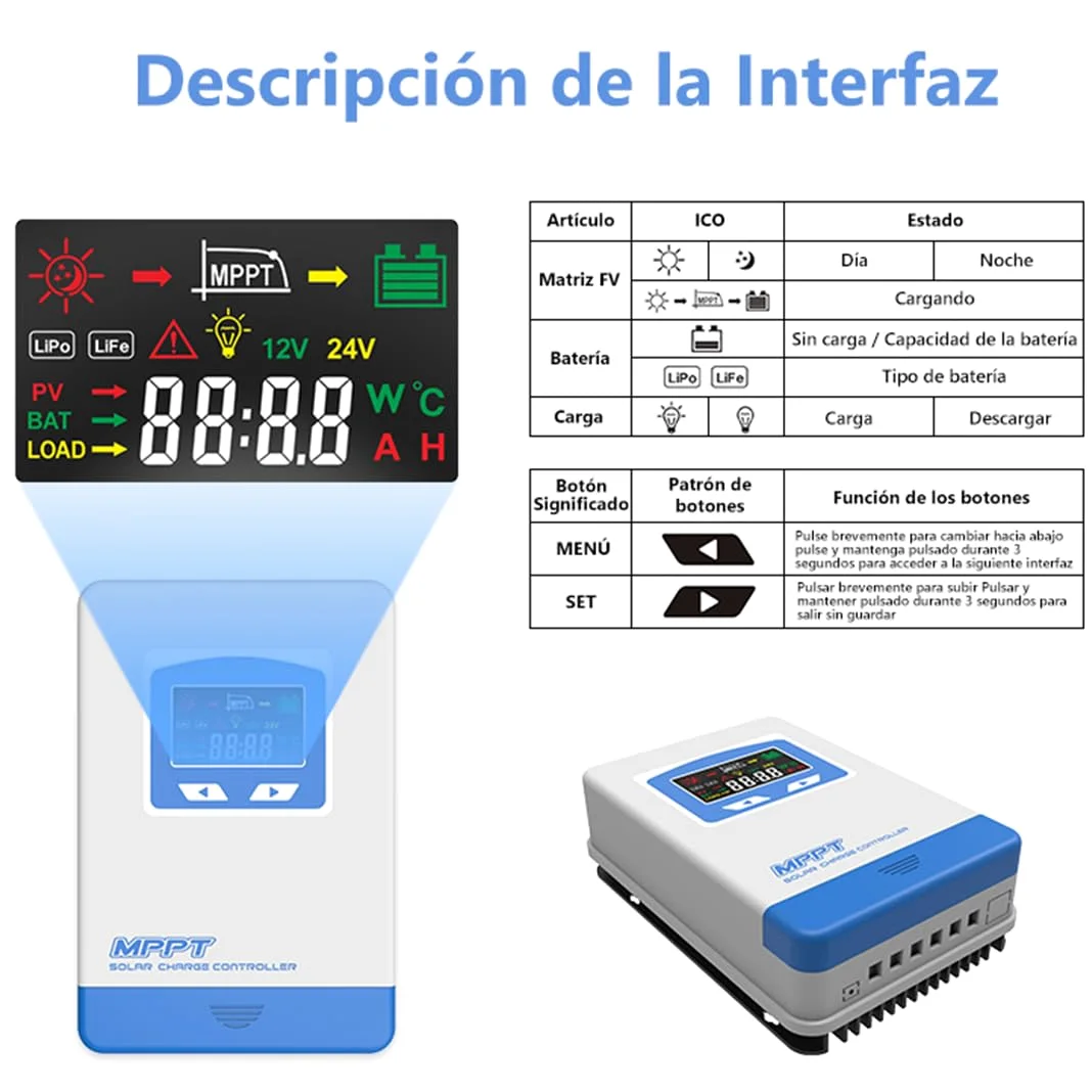 Anern Regulador de Carga Solar MPPT 40A 12/24V Auto Entrada FV MAX 100V,40A Controlador Solar Mppt Para 12V 24V Plomo ácido y Litio Baterías etc
