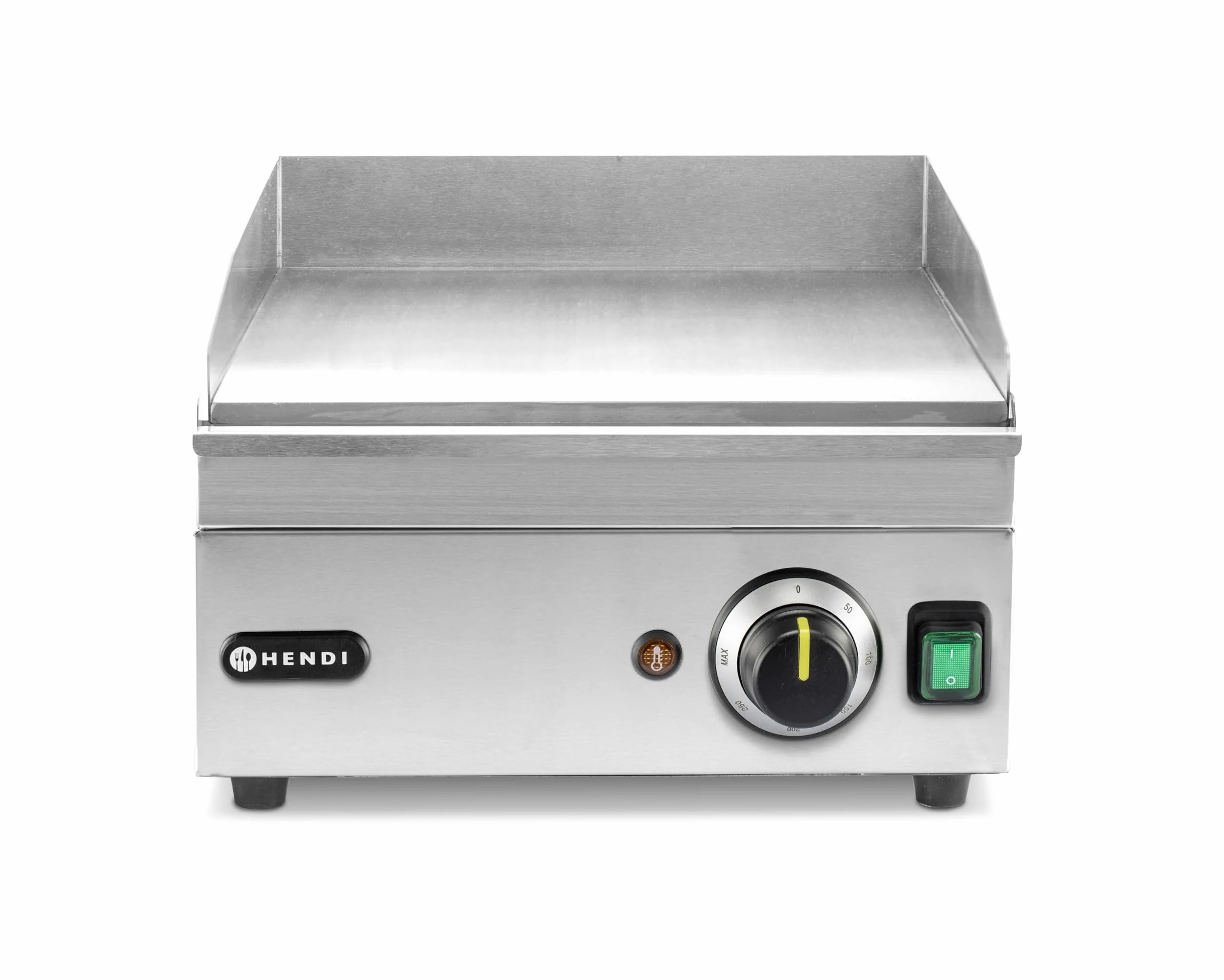 HENDI Plancha de asar eléctrica lisa, grill parrilla con bandeja de goteo extraíble, temperatura regulable hasta 300°C, 230V, 2000W, 326x445x(H)226mm, acero inoxidable