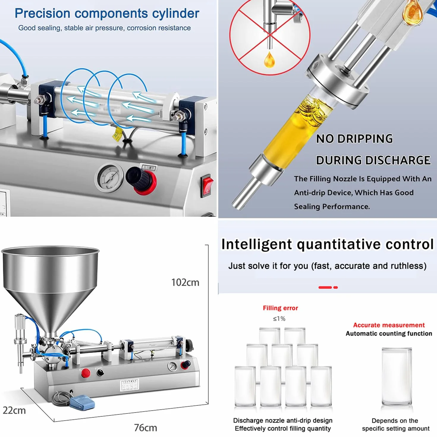 Qiang 300W Máquina De Llenado De Pasta Líquida Neumática 5-1500 Ml,Llenadora Automática De Embotellado con Pedal Y Tolva,para Jugos,Leches,Alcohol,Bebidas Cosméticas Aceite Miel,20-200ML