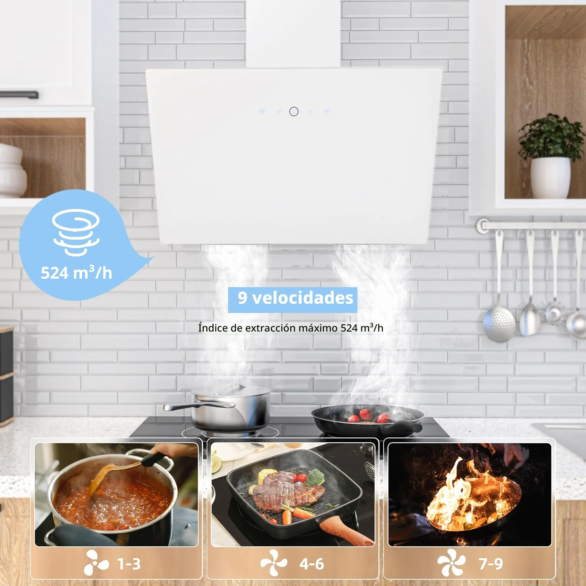 FIREGAS Campana extractora 60cm 578 m³/h Motor sin escobillas Digital touch 9 velocidades LED Recirculante Extracción Incluye filtro de carbón Cristal Blanco