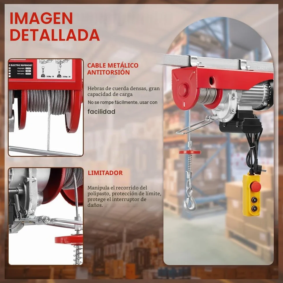 TEENO Polipasto Eléctrico Cuerda 1200 W 220V,Cabrestante Eléctrico 6m/12m de Altura de Elevación,Capacidad de carga 300-600 kg,Almacenes, Elevación de Mercancías,Rojo