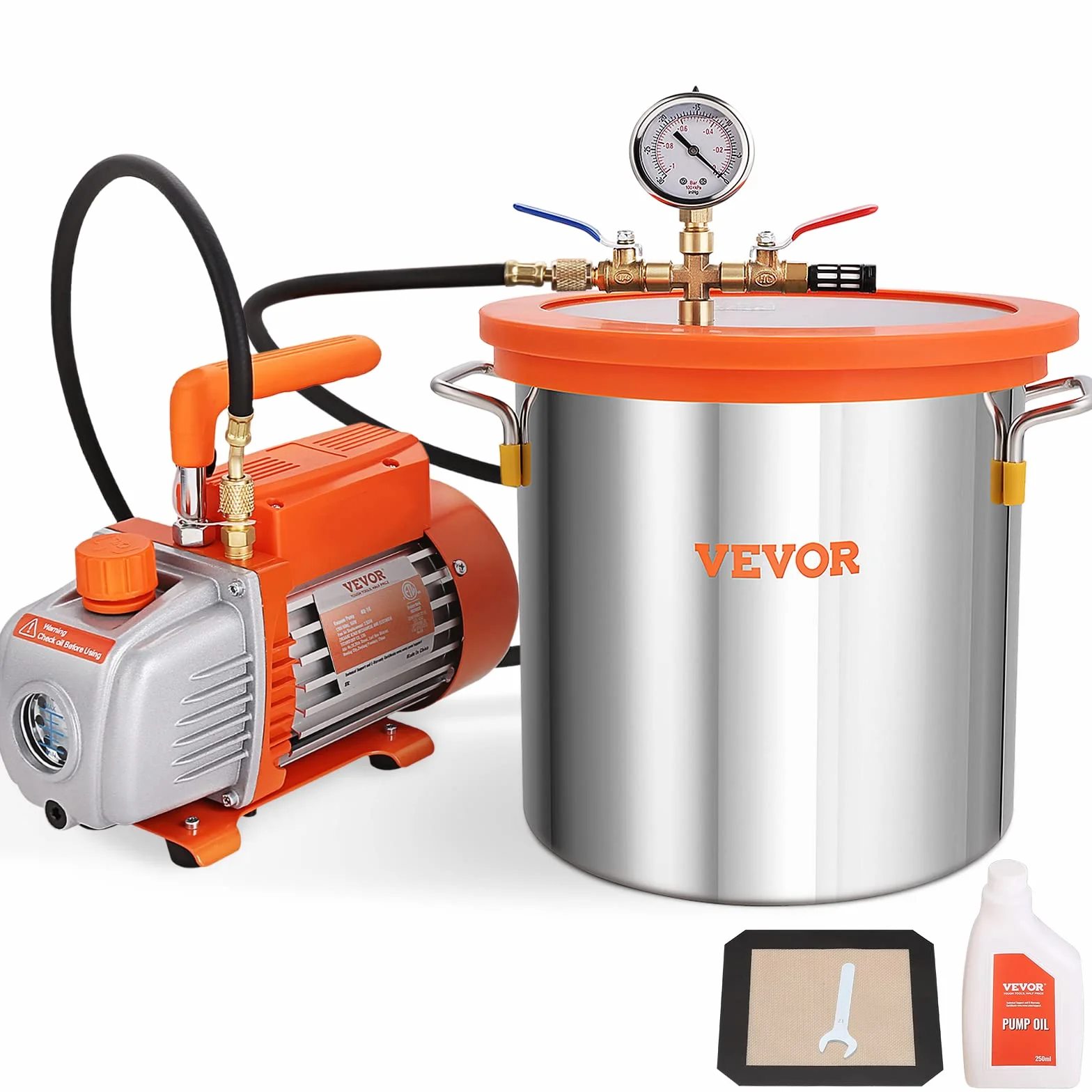 VEVOR Kit de cámara de vacío de 3 galones y bomba de 100 L/min kit de cámara de desgasificación al vacío con tapa de vidrio templado, bomba de vacío de una etapa con botella de aceite de 250 ml