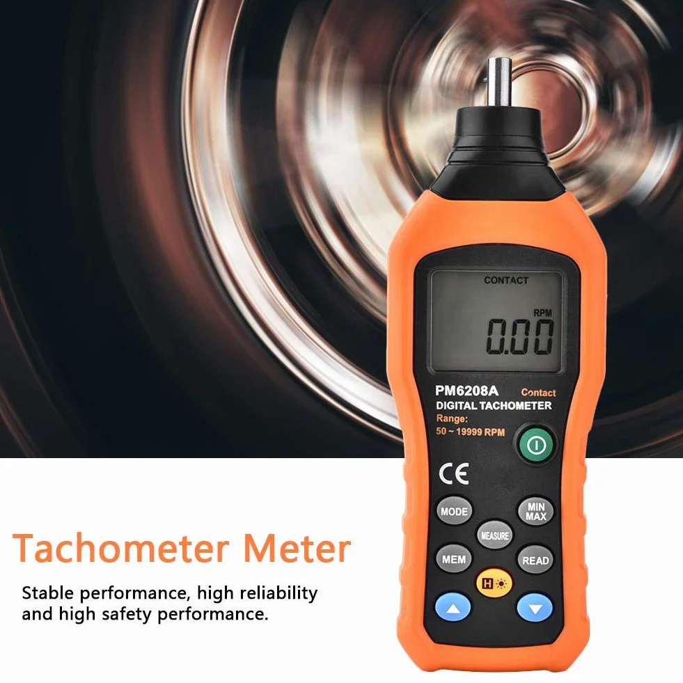 PEAKMETER PM6208A Tacómetro digital contacto Medidor velocidad motor Probador 50RPM - 19999RPM Pantalla LCD