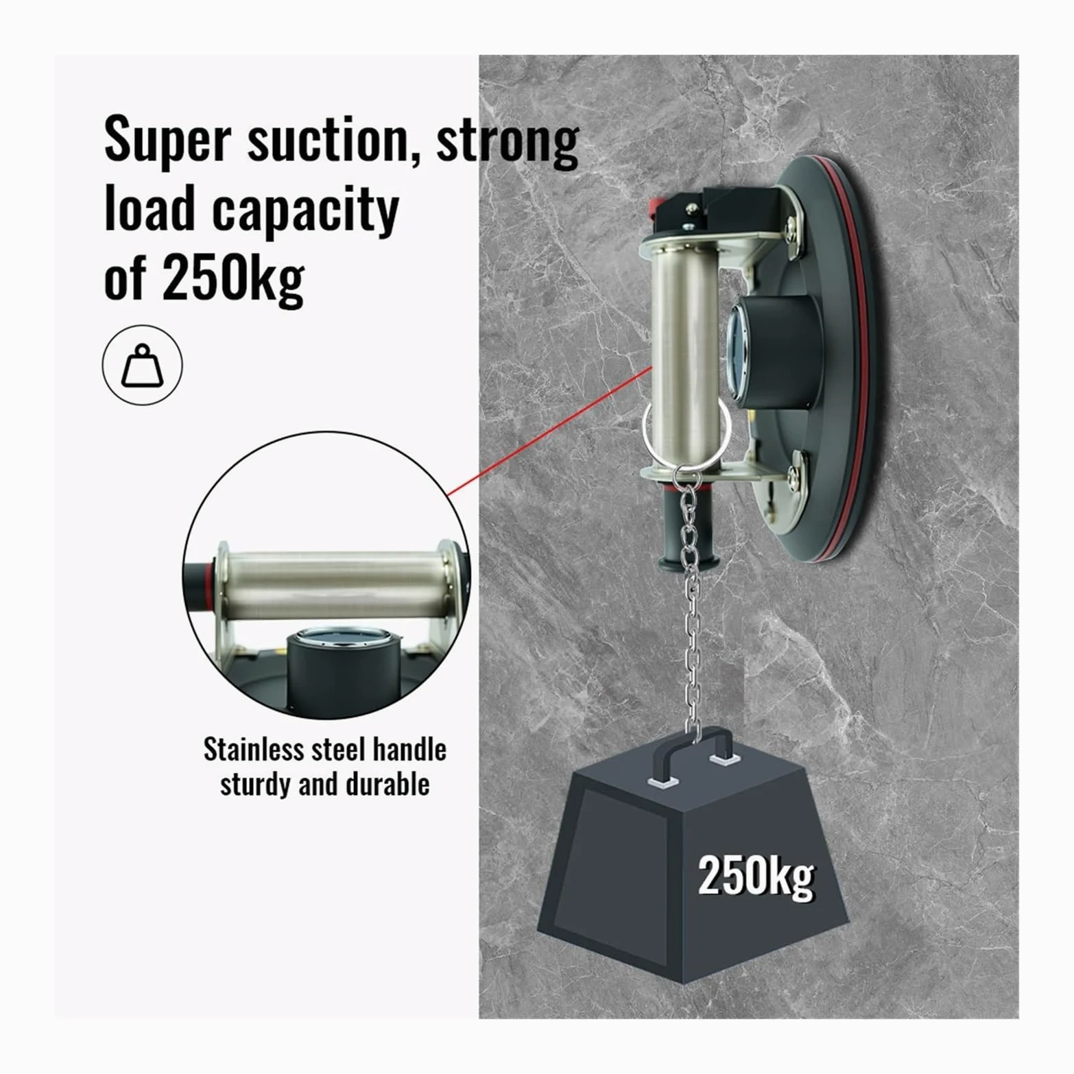 Ventosas de vidrio, La Ventosa De Vacío Con Mango Metal Acero Inoxidable Y Capacidad Carga 250 Kg Se Utiliza For Mover S, Baldosas para azulejos, parabrisas, ventanas(With box)