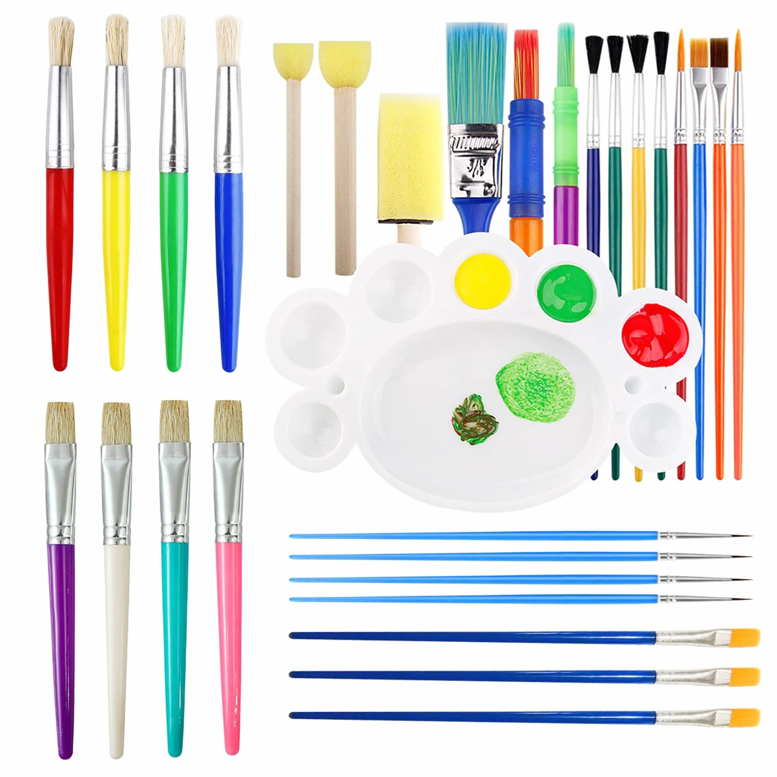 30 Piezas Pinceles para Pintura Niños con Paleta, Cerdas Redondas y Planas