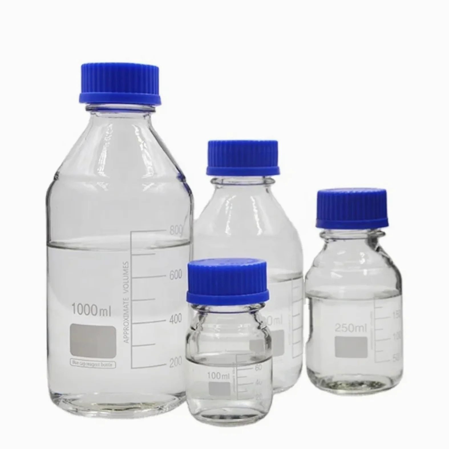 Botella de reactivo de vidrio de borosilicato de laboratorio transparente de 100ml 250ml 500ml 1000ml con tapa azul de tornillo