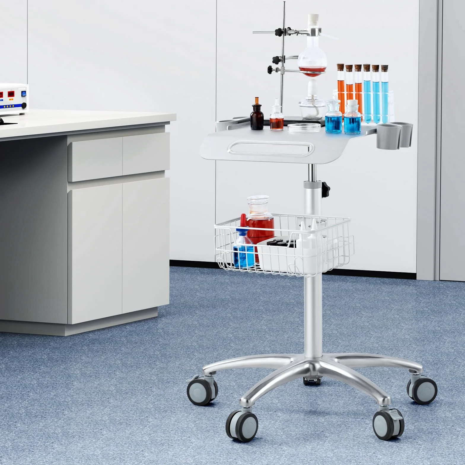 VEVOR Carro de laboratorio de aleación de aluminio, carro médico de 3 capas altura ajustable 680-1090 mm Carro de servicio con ruedas y cesta, para laboratorio salón hospital, uso dental