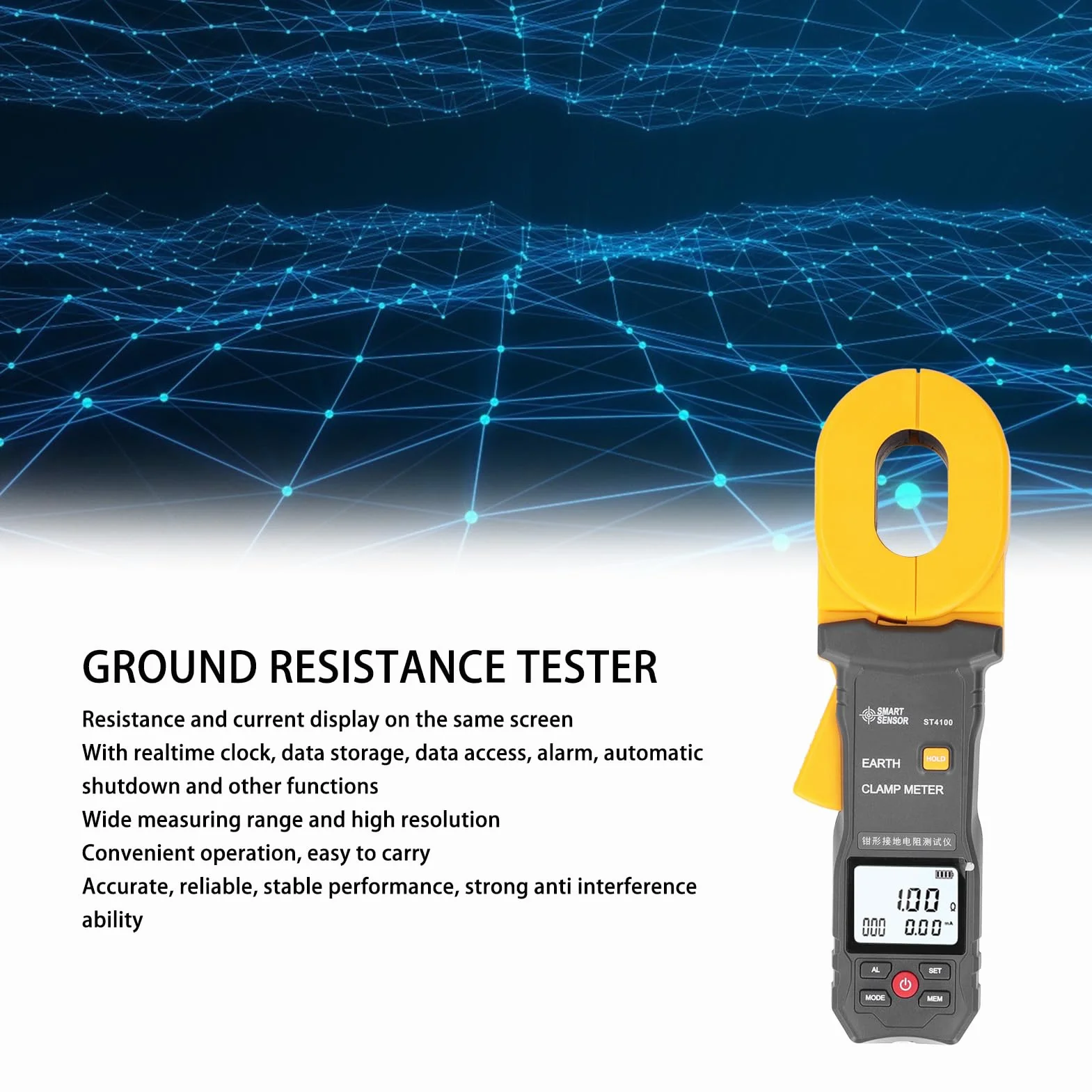 flexman ST4100 Medidor de Resistencia a Tierra con Abrazadera Digital LCD, Probador de Medidor de Resistencia a Tierra con Abrazadera de Apagado Automático Portátil para Sala de Computadoras