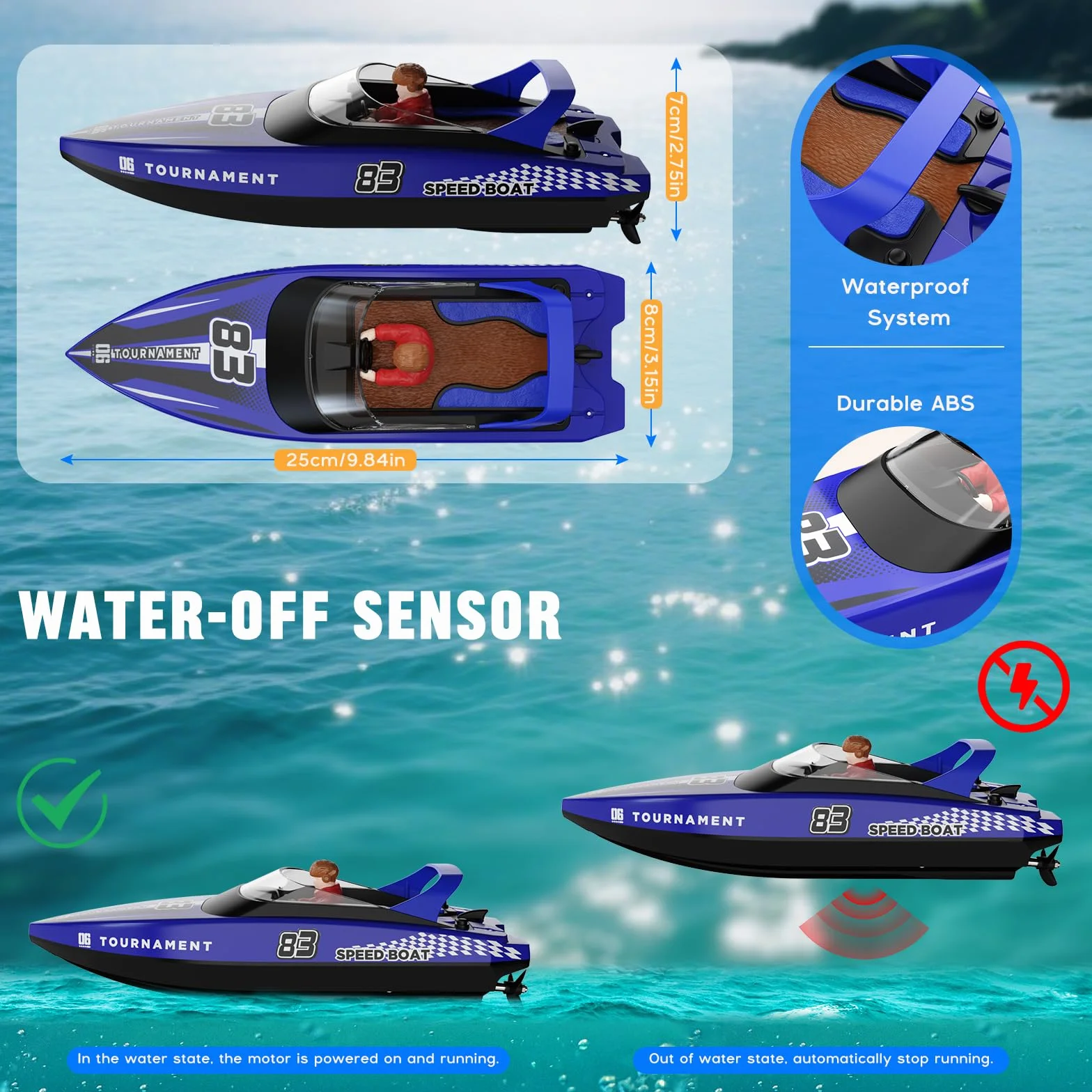 Barco Teledirigido RC con Bola Flotante y Luz LED 15 KM/H 2,4 GHz Barcos de Carreras Rápido para Niños Juguete de Piscina