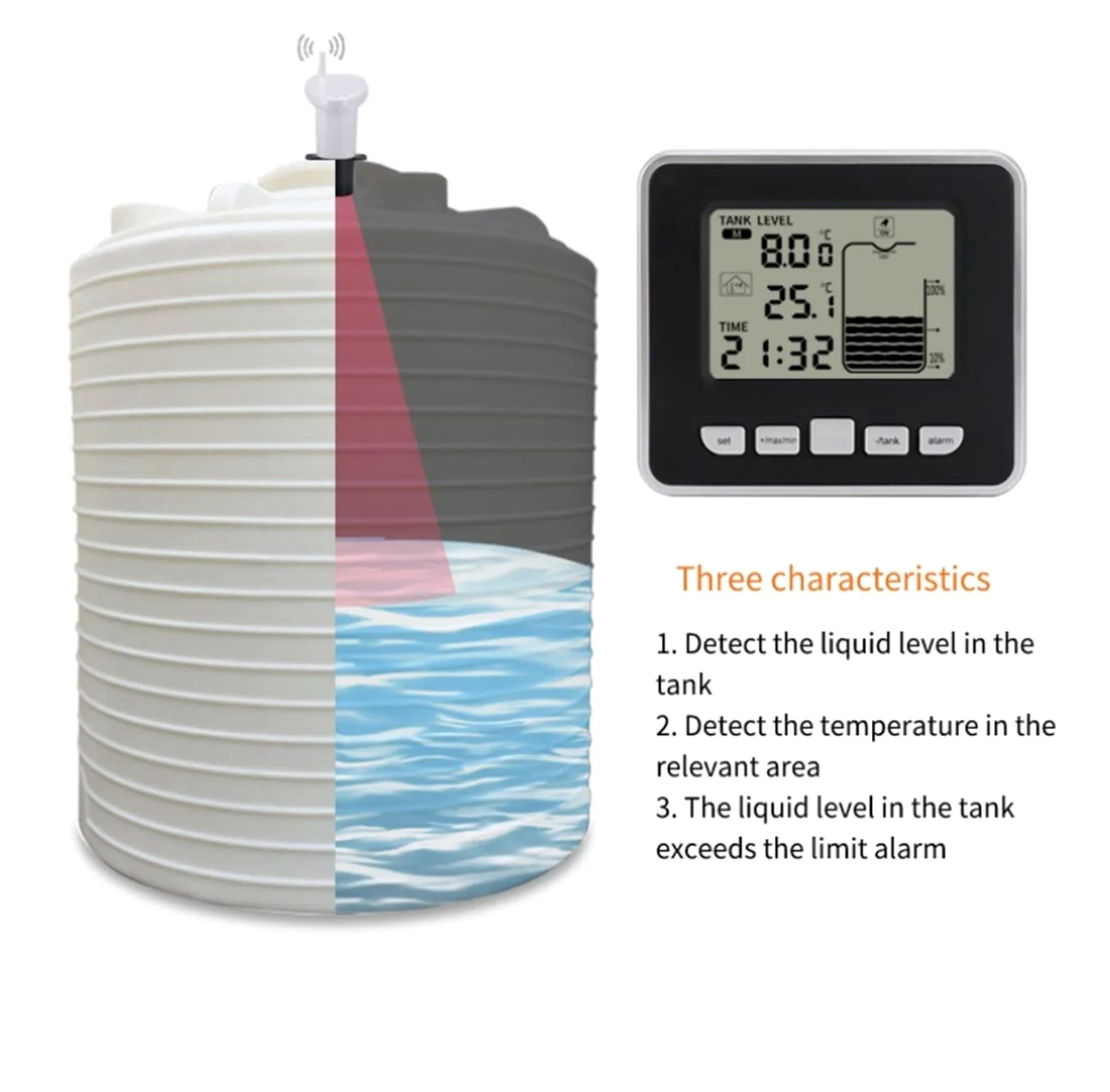 Transmisor de Sensor inalámbrico Medidor de Nivel de Agua Interior Tanque de Agua multifunción ultrasónico Medidor de Nivel de Profundidad de líquido
