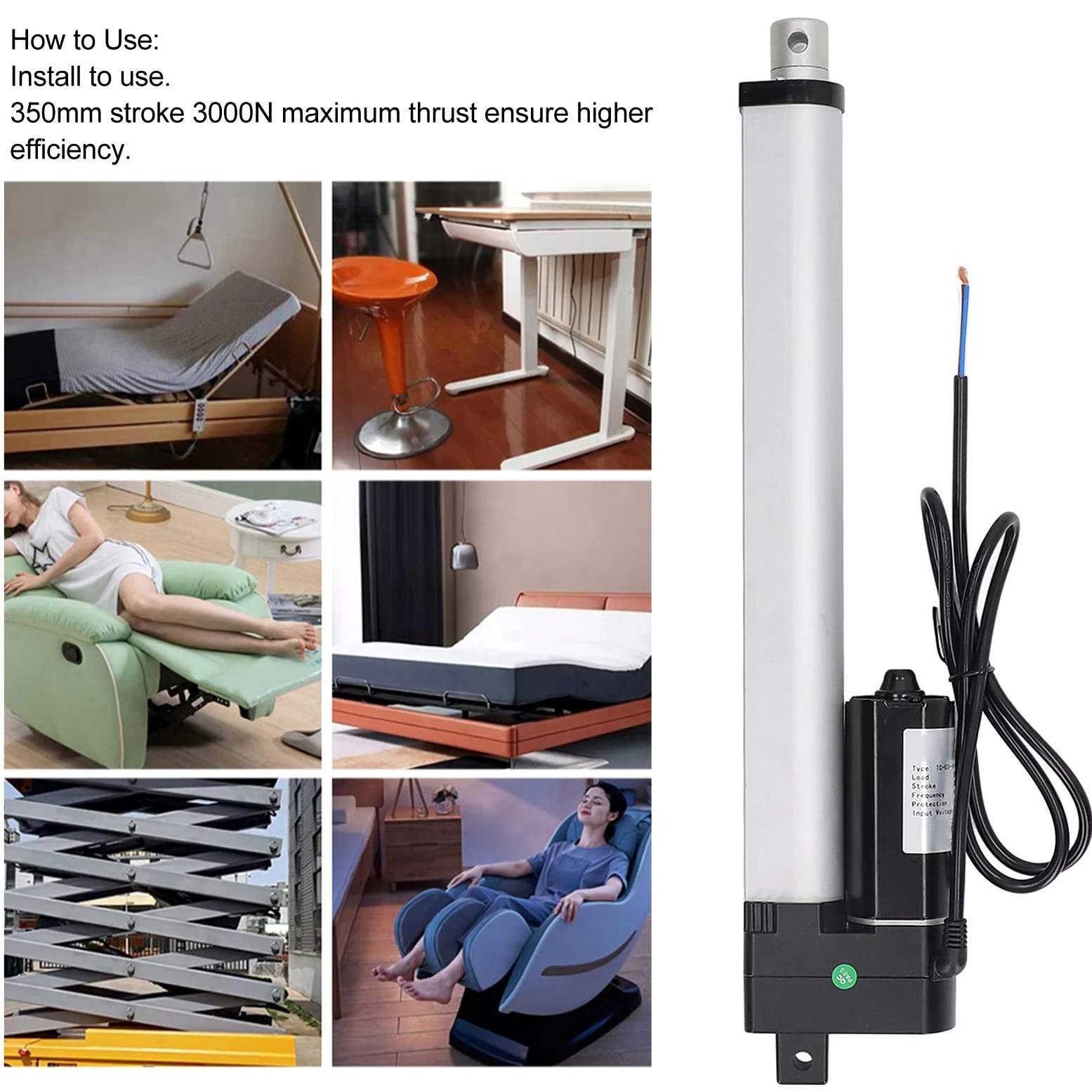 Keenso Actuador Lineal Eléctrico de Alta Velocidad, de 350 Mm, 3000 N, para Elevación Industrial y Camas Eléctricas, Construcción Duradera (24V)