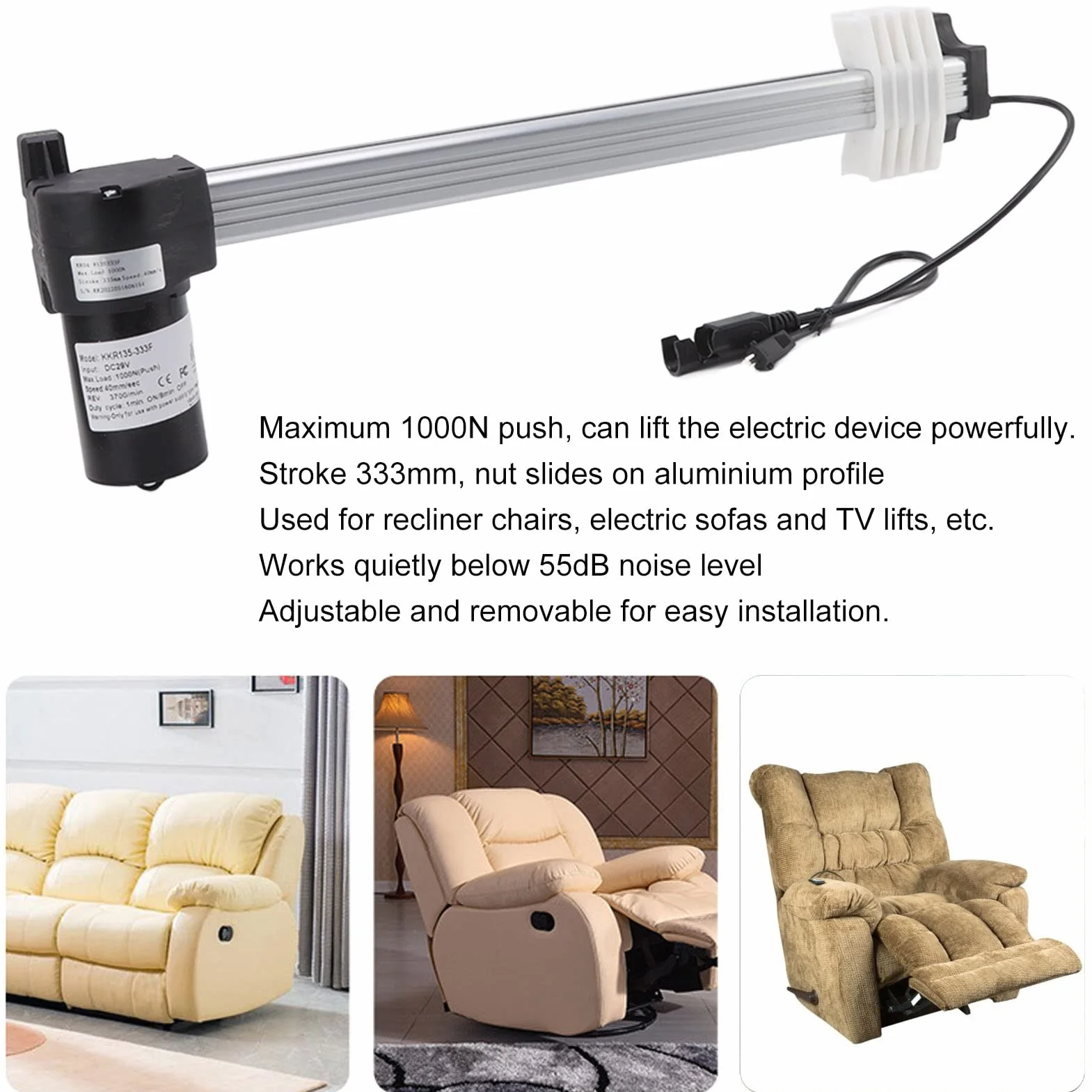 Sillas Elevadoras De Sofá Reclinables Eléctricas Actuador De Motor De Sofá Reclinable Eléctrico Carrera De 333 Mm Protección IPX4 DC29V Para Sillas Elevadoras De Sofás Eléctricos